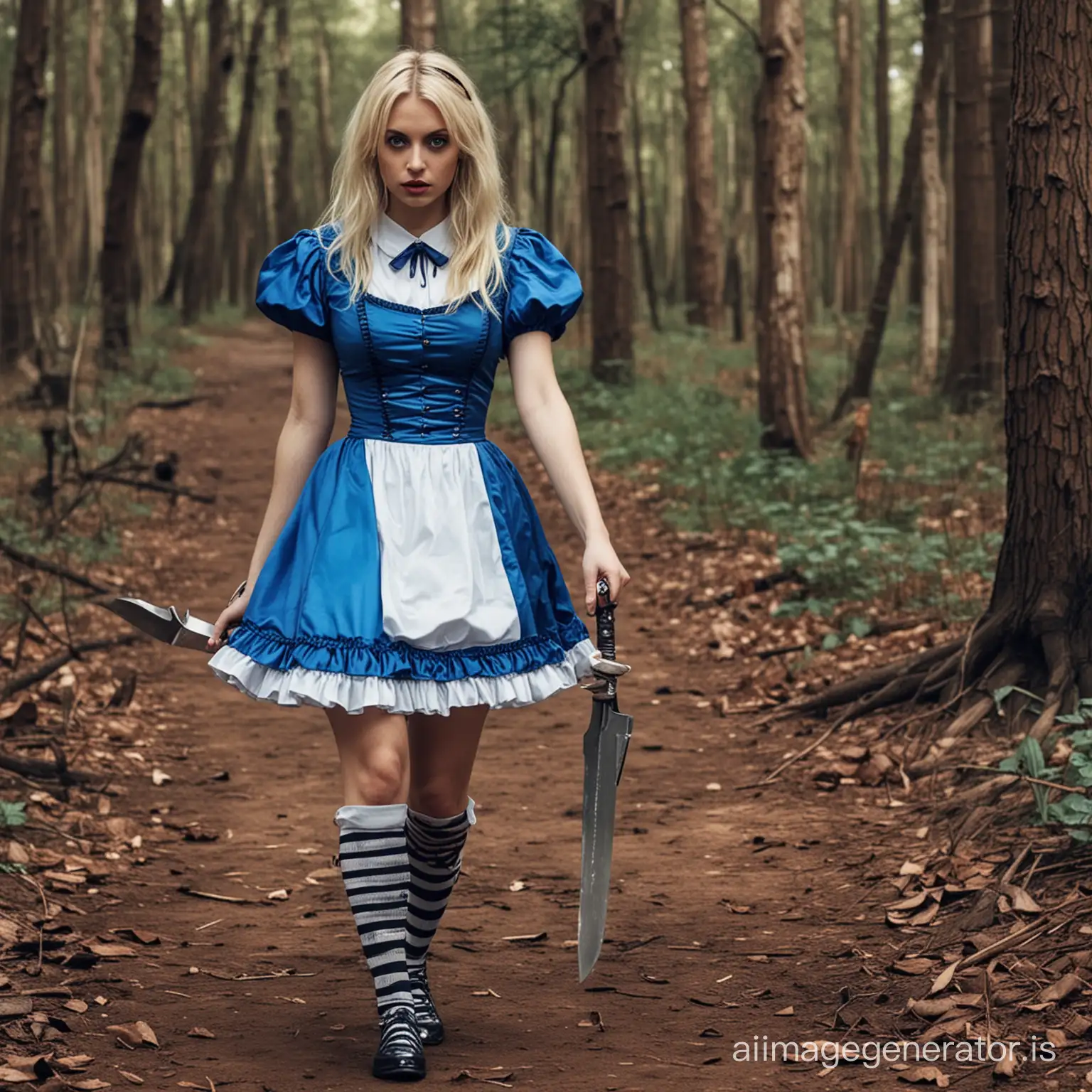 blonde alice in wonderland with with black and white striped stockings and blue dress holding a knife madness returns in forest