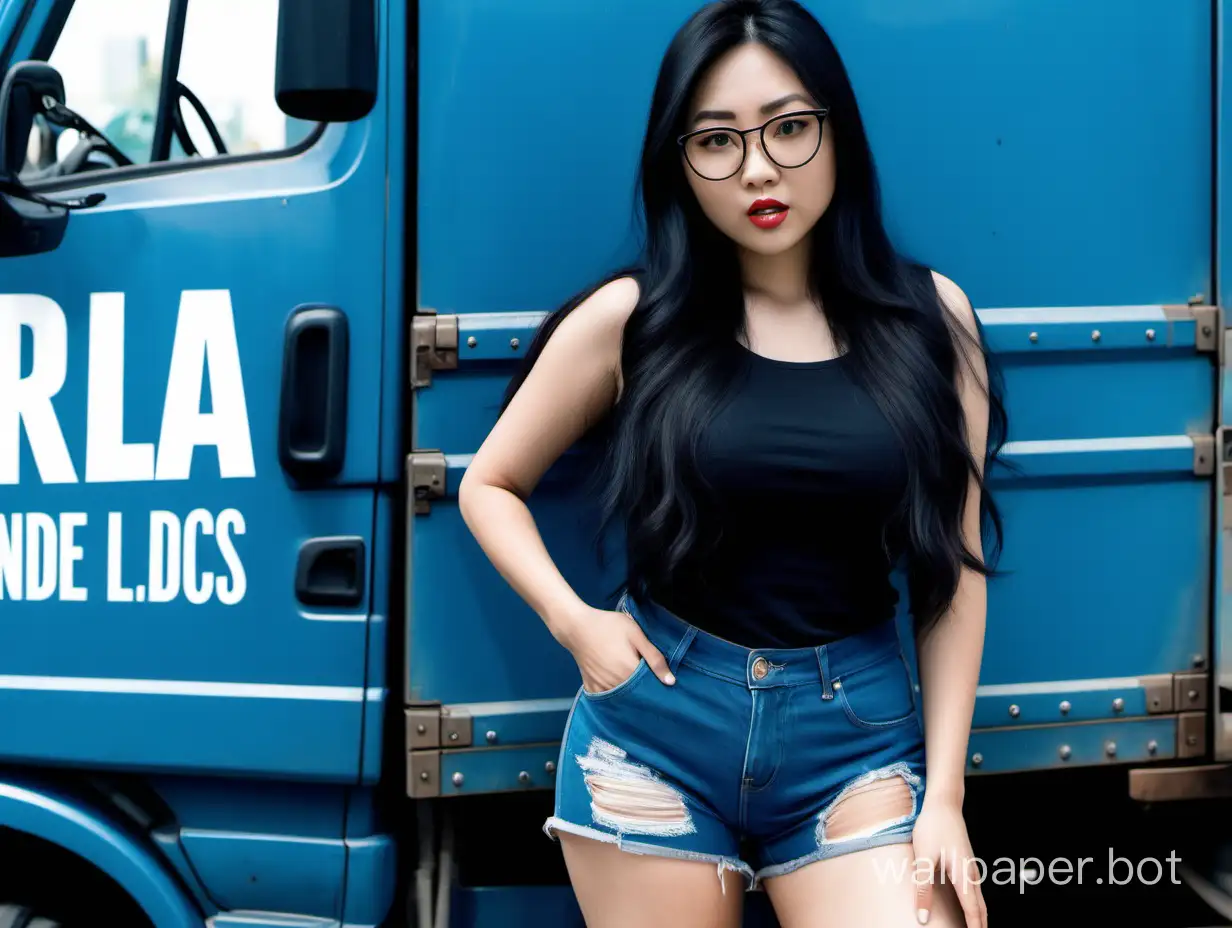 Asian woman with big hips, and lips, black long hair in ripped blue shorts wearing round glasses opening a 53”truck's black door with logo sign Andre LC