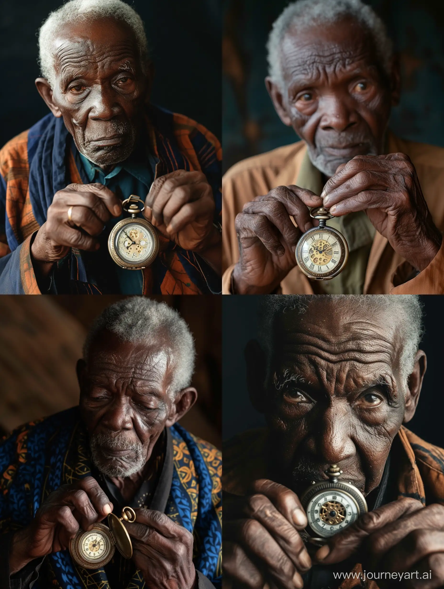 Old african man staring at his vintage pocket watch  