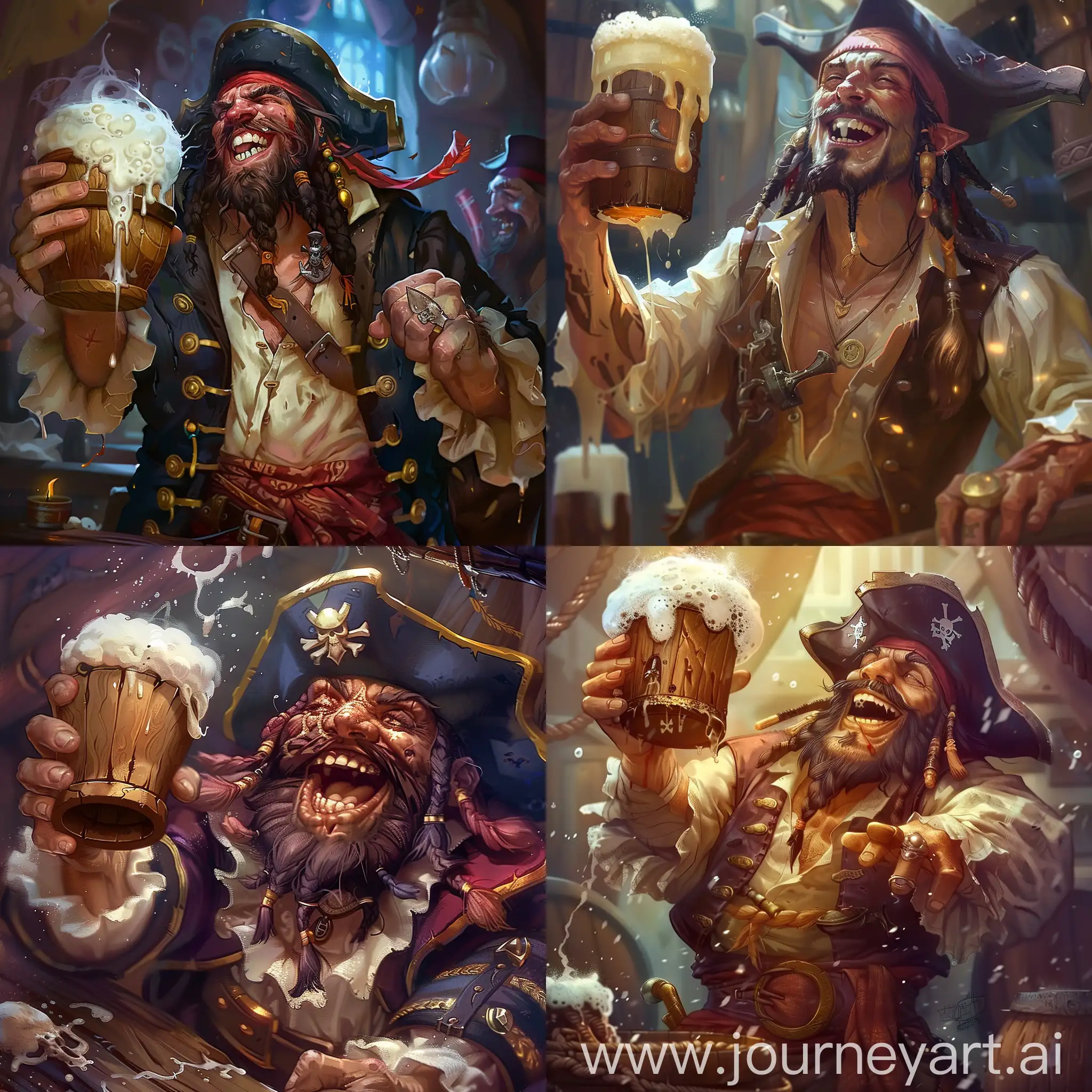 pirate, drunk, cheerful, with a wooden pint in hand, beer to the brim, foamy beer, in a tavern, fantasy style