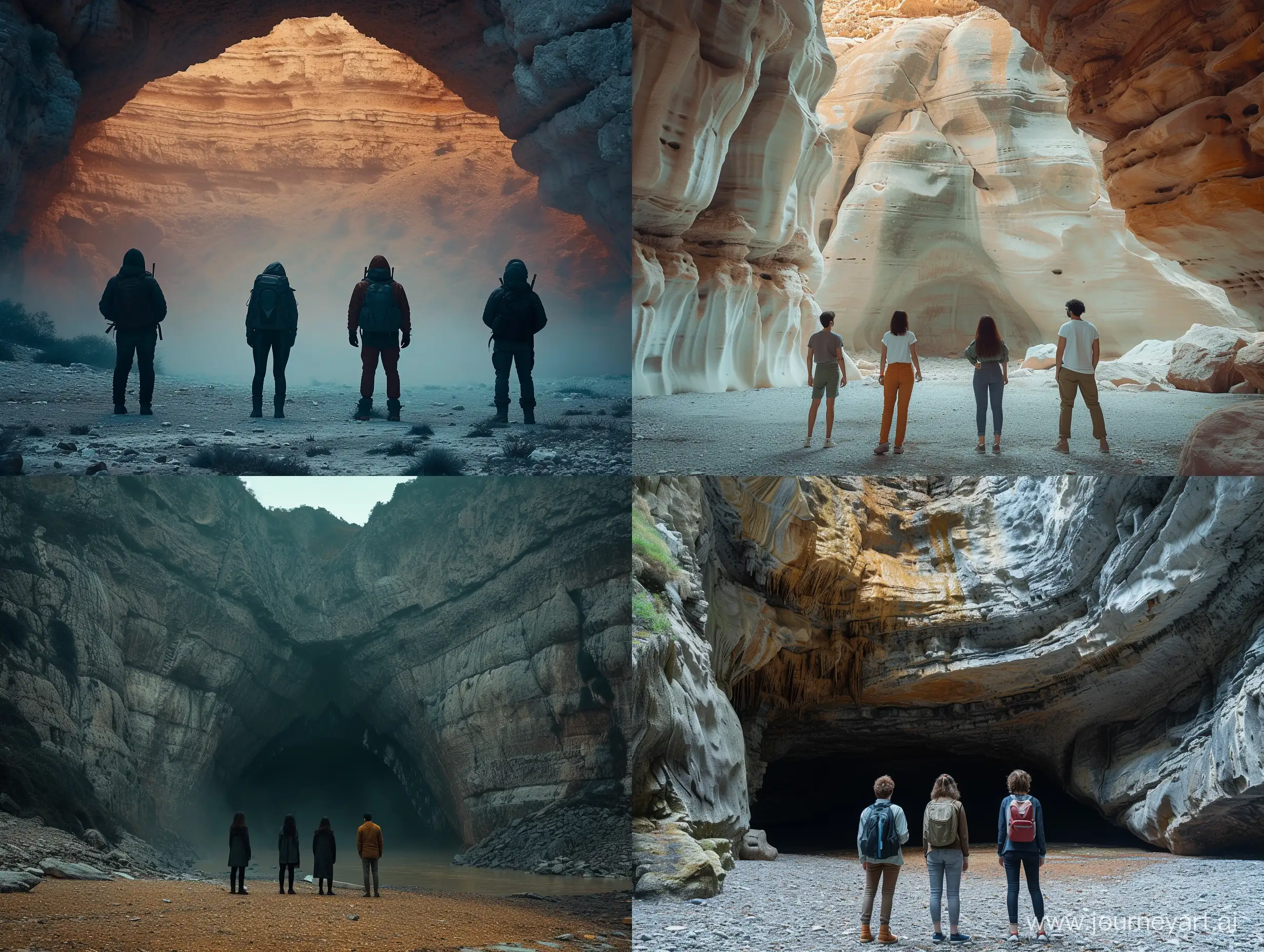 4 people standing in front of a large, mysterious cave. Very realistic image. High quality focus. Sony 50mm lens
