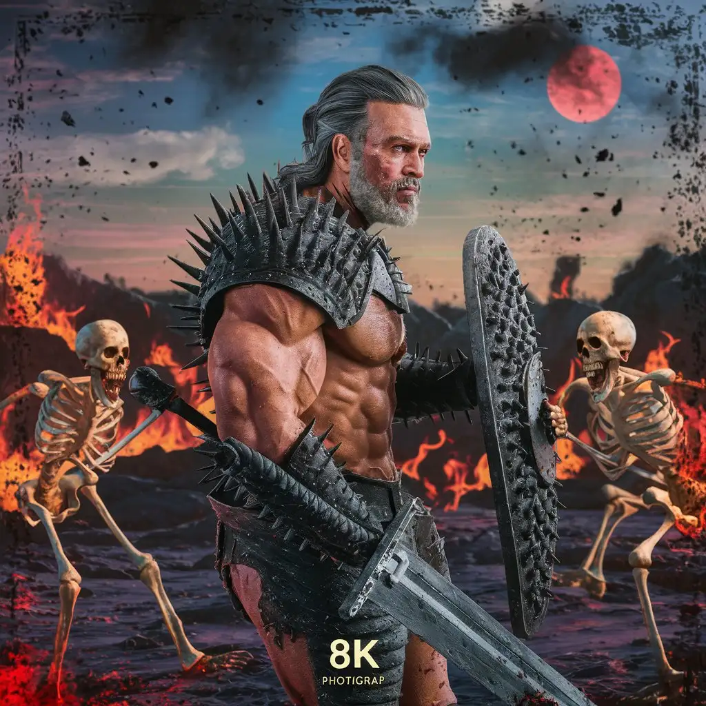 40 year old male knight,
flame eyes, grey long hair combed back, grey long beard, shouting,
muscular body, perfect body, dirty face, 
black spiky armor, 
fighting skeletons, huge sword and shield in hands,
facing sideways, 
Full shot, Full-length portrait, Wide field of view, Centered, feet visible, camera from side, low angle shot,
in hell, flames, lava, red moon in sky, red sky, black clouds, ash in the air,
Very Very Beautiful, 8k highly detailed, Soft Light, colorful, noise filter, gritty.