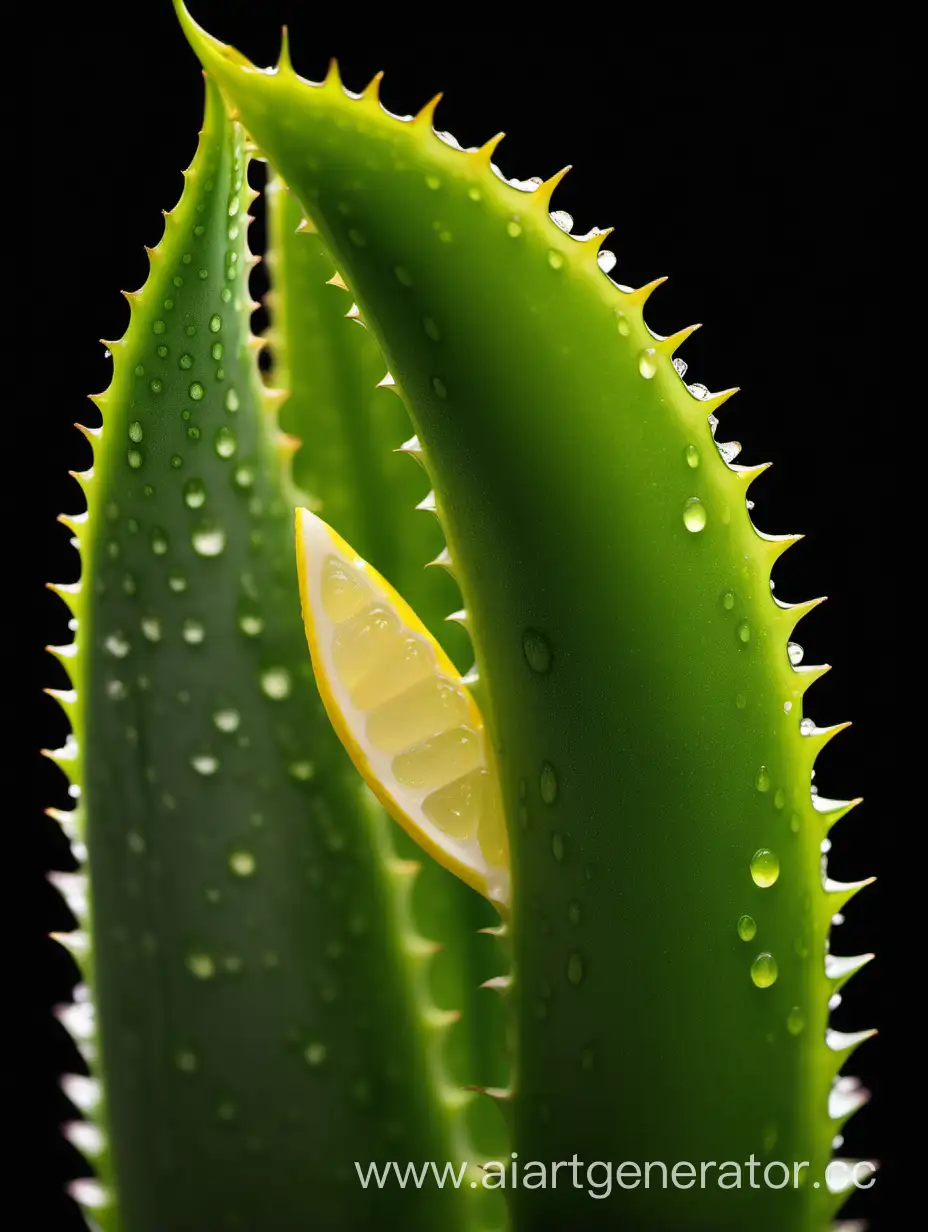 Aloe vera extreme close up 2 leaves WITH LEMON on BLACK background 