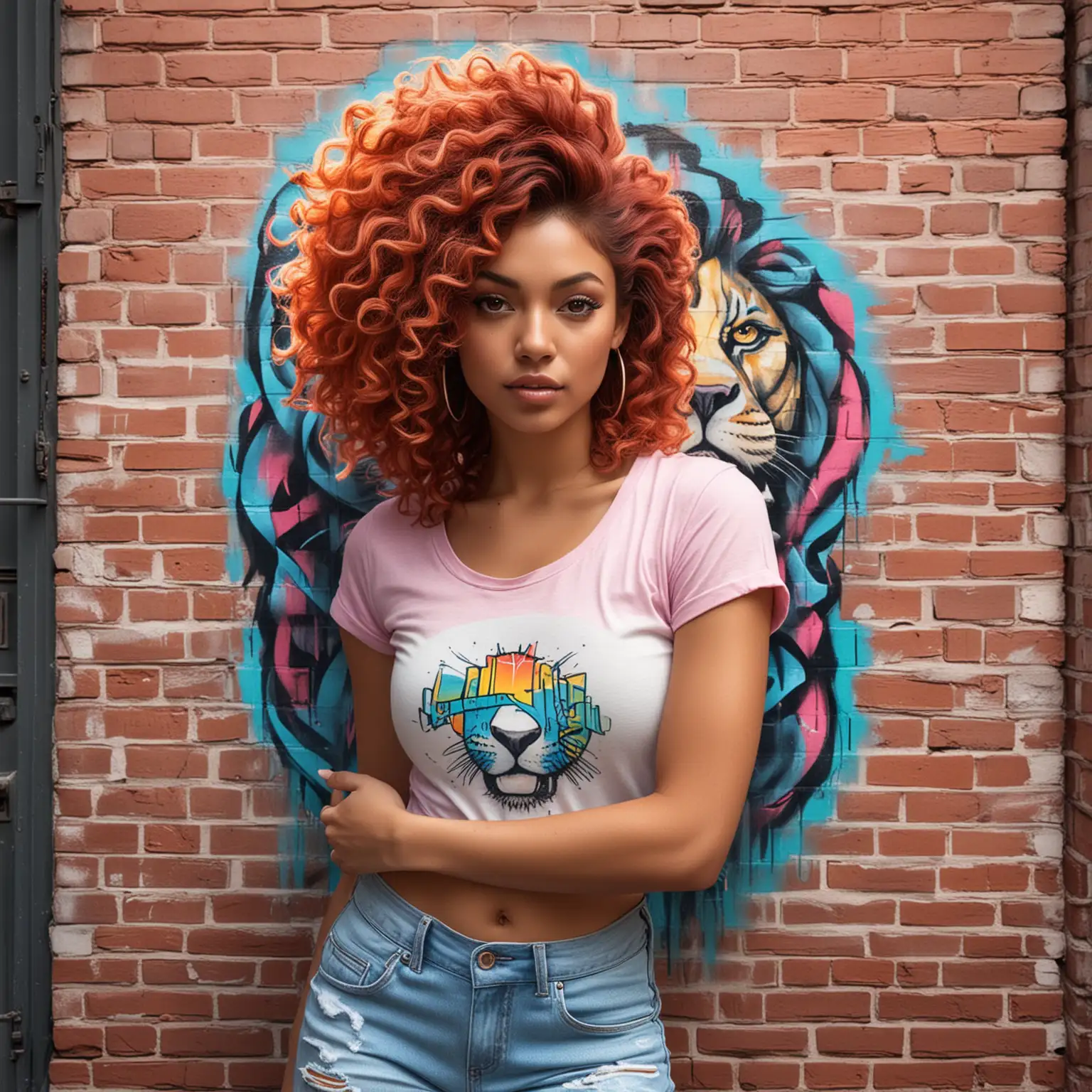 Confident Latina Woman with Graffiti Art Style and Lion Companion