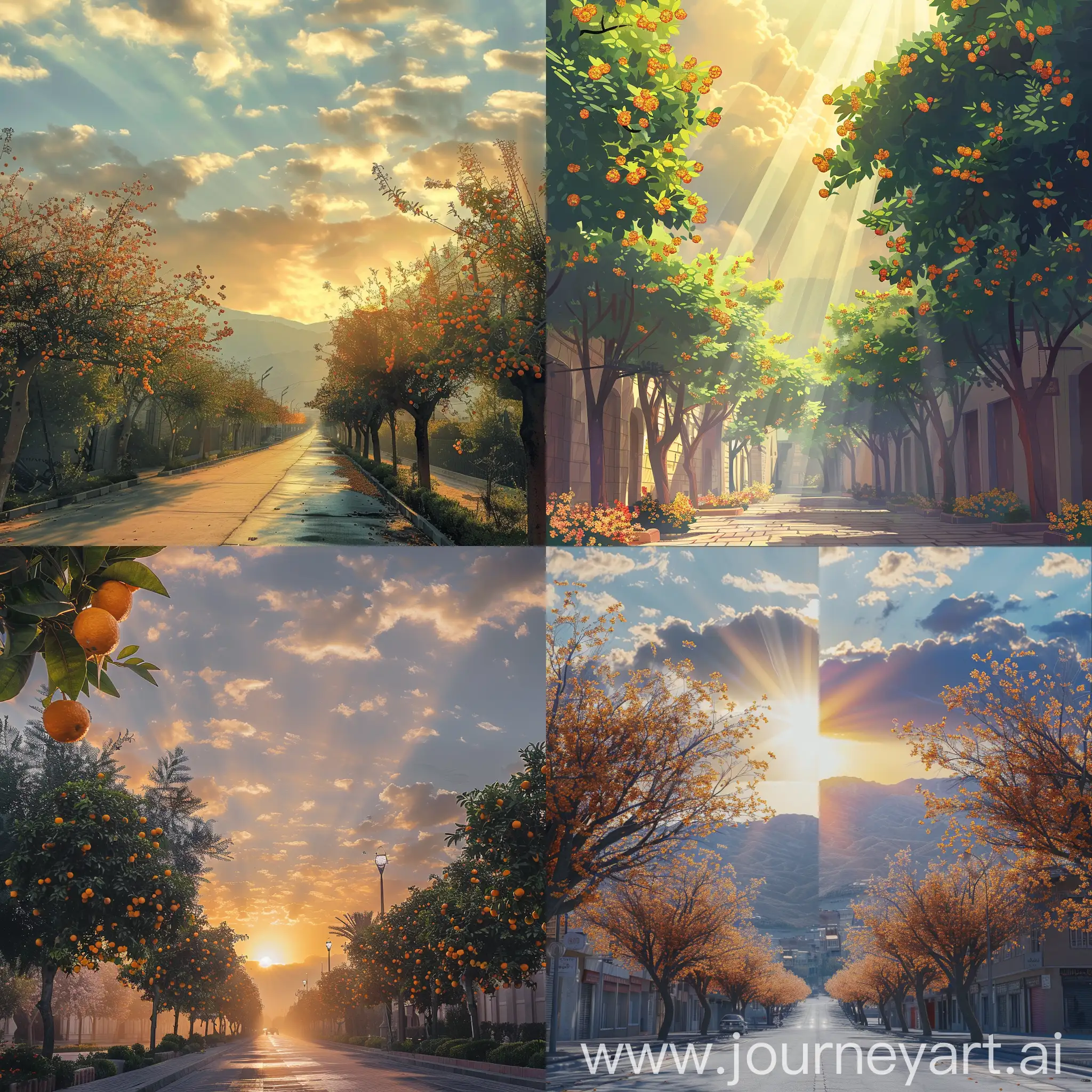 سلام یک بنر برام طراحی کن از اسمان یک صبح با نور افتاب ملایم که پایین این بنر درخت های بهار نارنج در خیابان های شیراز باشد 
