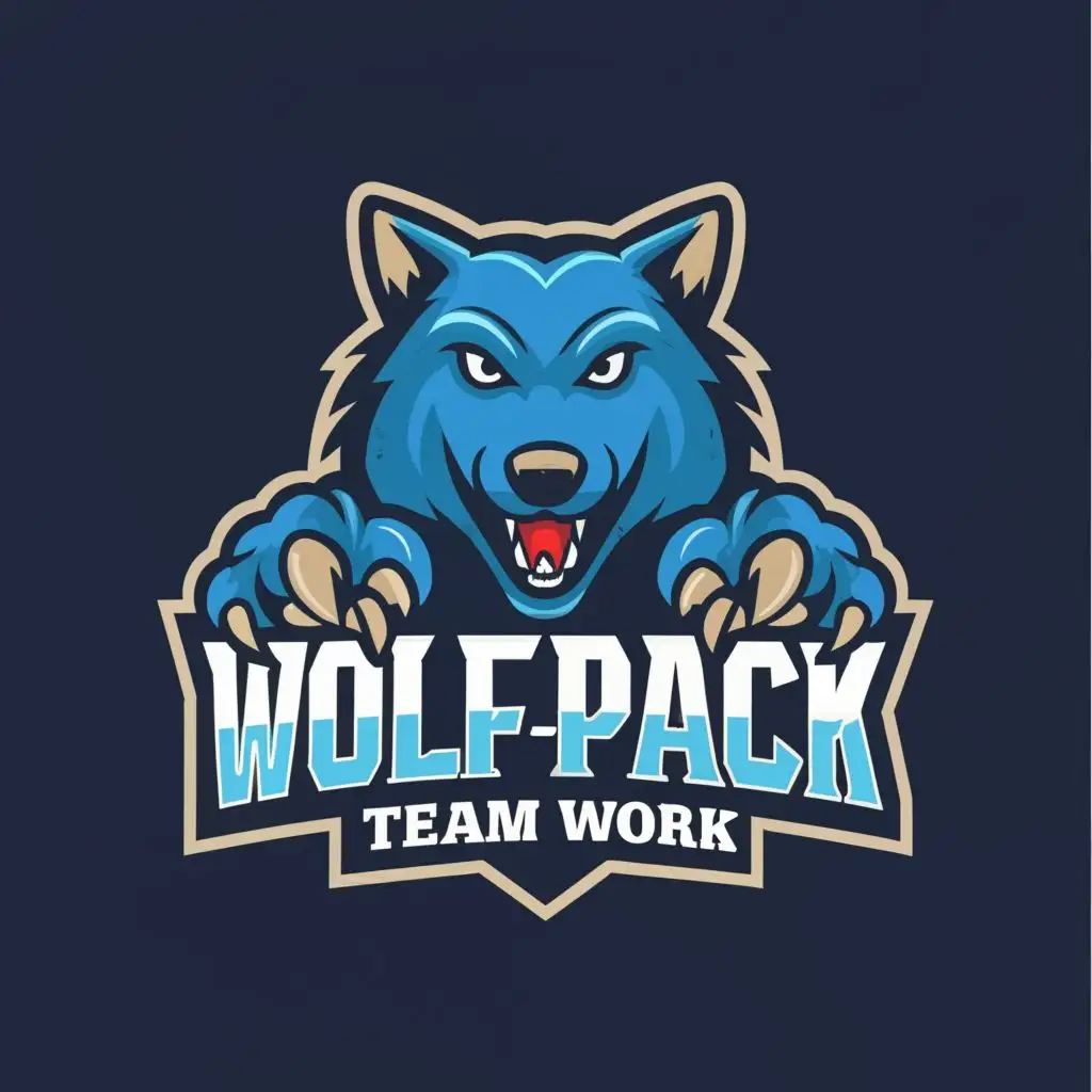 logo, Happy Blue Wolf, with the text "Wolf-Pack
Team work!", typography, be used in Sports Fitness industry