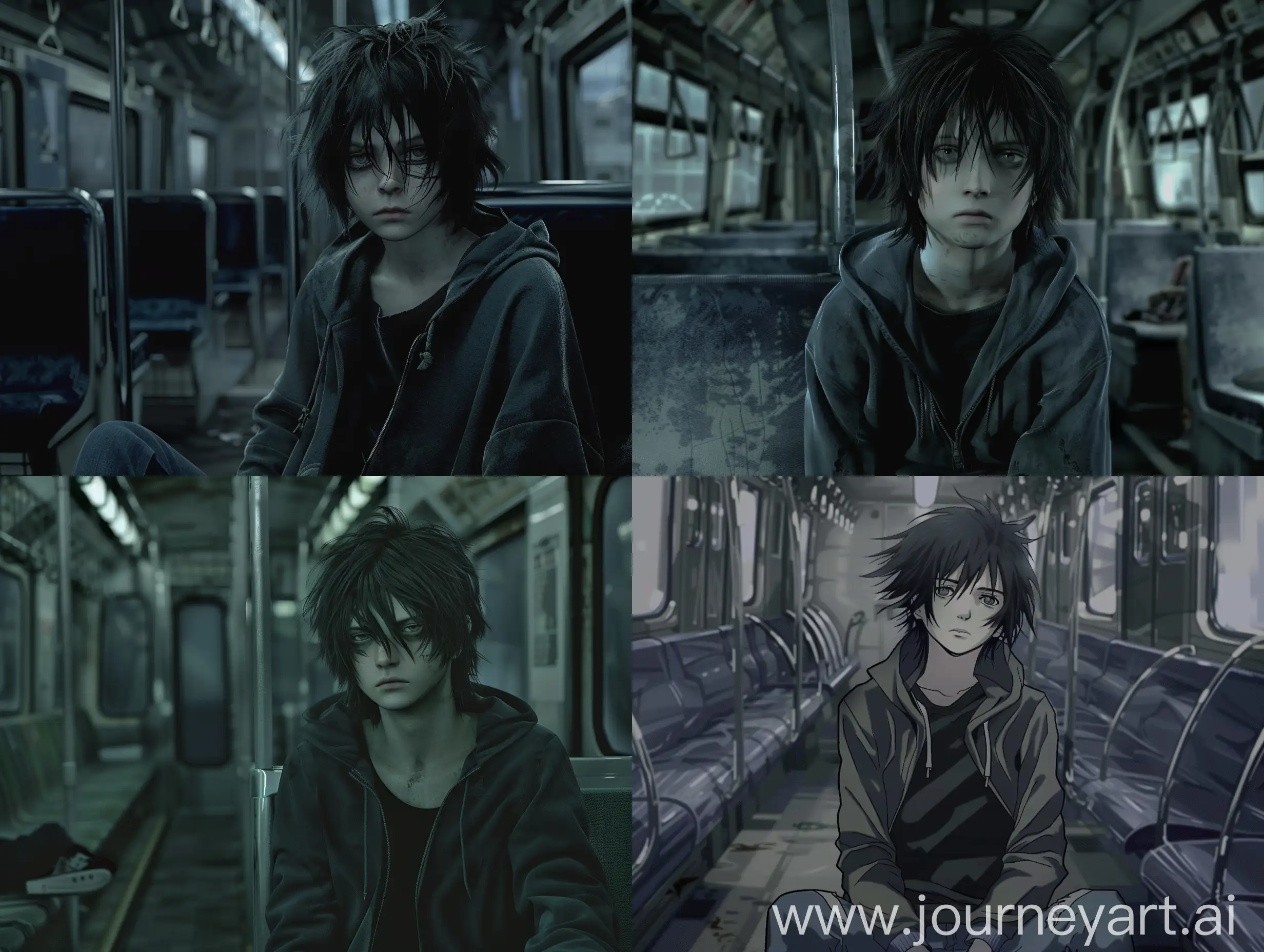 Ps2 silent hill 2 game screenshot, 17 year old boy with dark messy medium length hair(almost reach shoulders), grey eyes, Bangs that cover one eye, depressive expression, dark grey unzipped hoodie with black tshirt under it, pale skin, black converses, dark blue jeans, thin body type, a but feminine body, sitting in empty abandoned train of metro. Dark. Very like PlayStation 2 Silent hill 2 screenshot, bad and unrealistic lighting, blurry textures, low poly