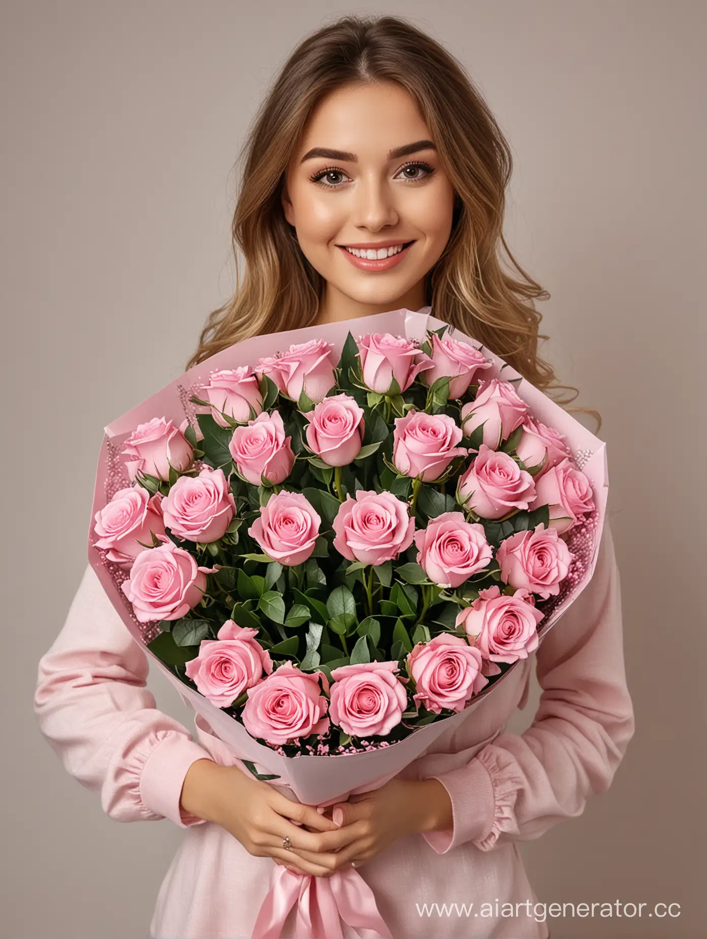 Фото реалистичное, на нем Красивая счастлива девушка с букетом цветов из 11 нежно розовых шикарных роз в упаковке, которые она показывает в кадр