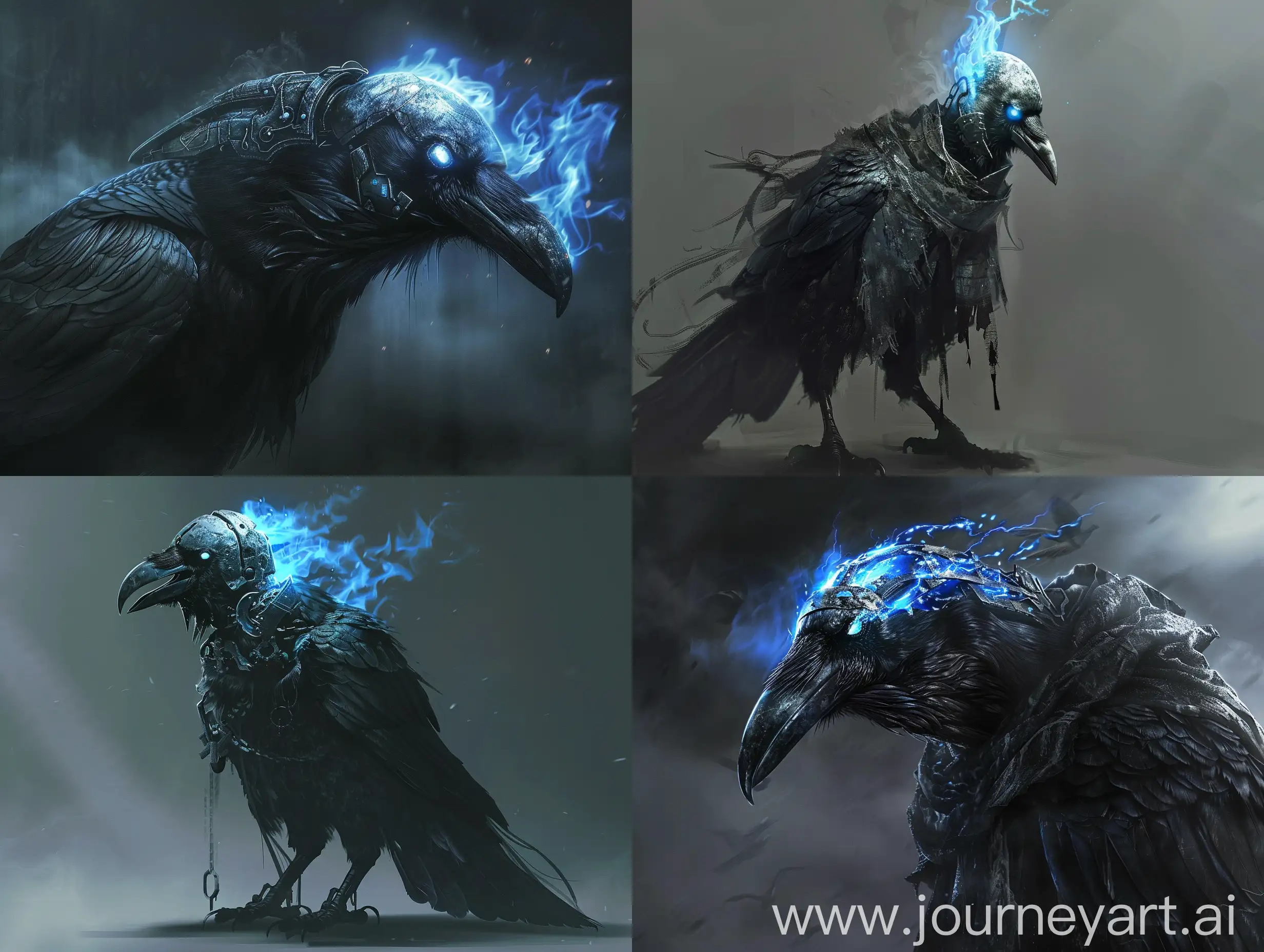  Boss for souls-like videogame, giant raven with metal head glowing with blue ghostly flame, dark fantasy, magic, epic. 