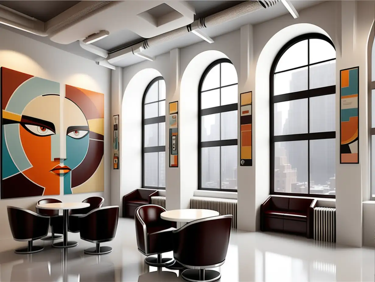 Create interior of the advertising office: it has huge windows, its in  New York, it has creative interior, coffee machine, its artistic interior, minimalistic, abstract paintings on the wall, white walls, utopistic, it looks like art gallery, art deco