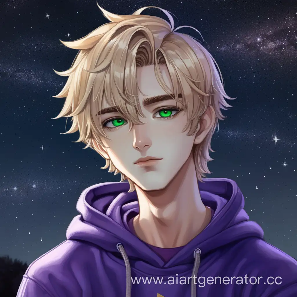 Enchanting-Boy-with-Green-Eyes-in-Purple-Sweatshirt-against-Starry-Sky