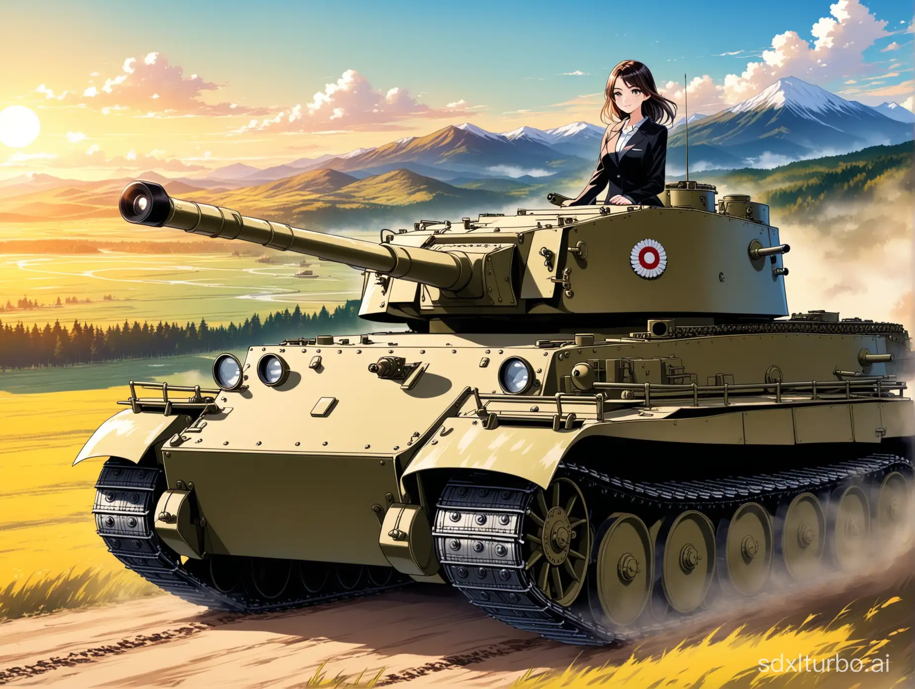 anime style, a woman in suit riding a German Tiger I tank, beautiful scenery
