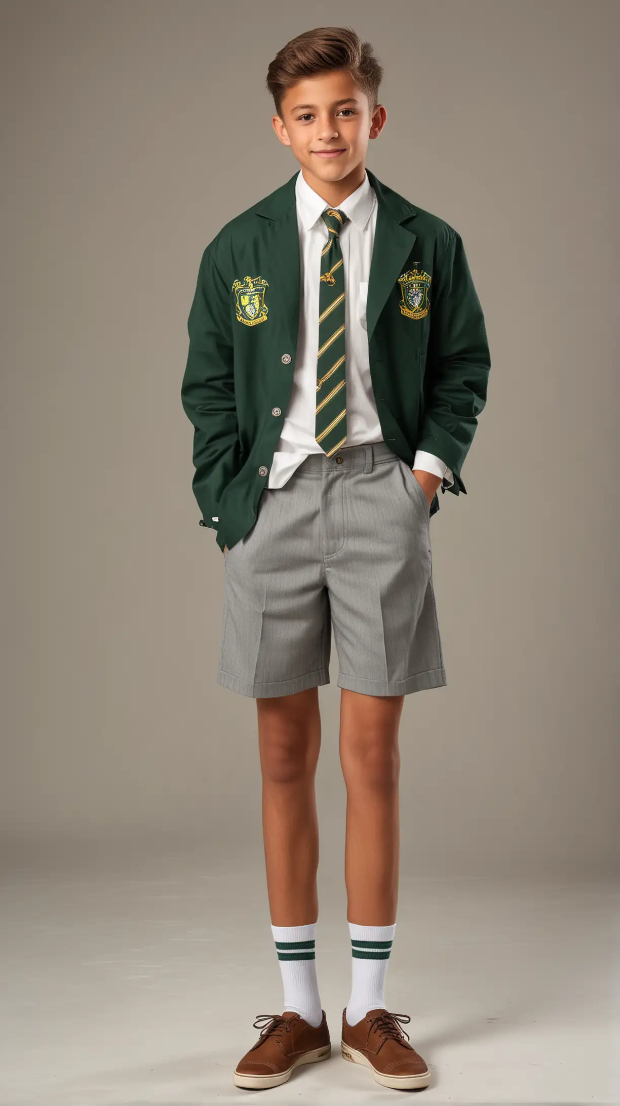 no background, barefoot cute tanned  lean muscular schoolboy,  18-year old, wearing tiny grey short shorts, dark green jacket with school crest, cream shirt, dark green striped tie