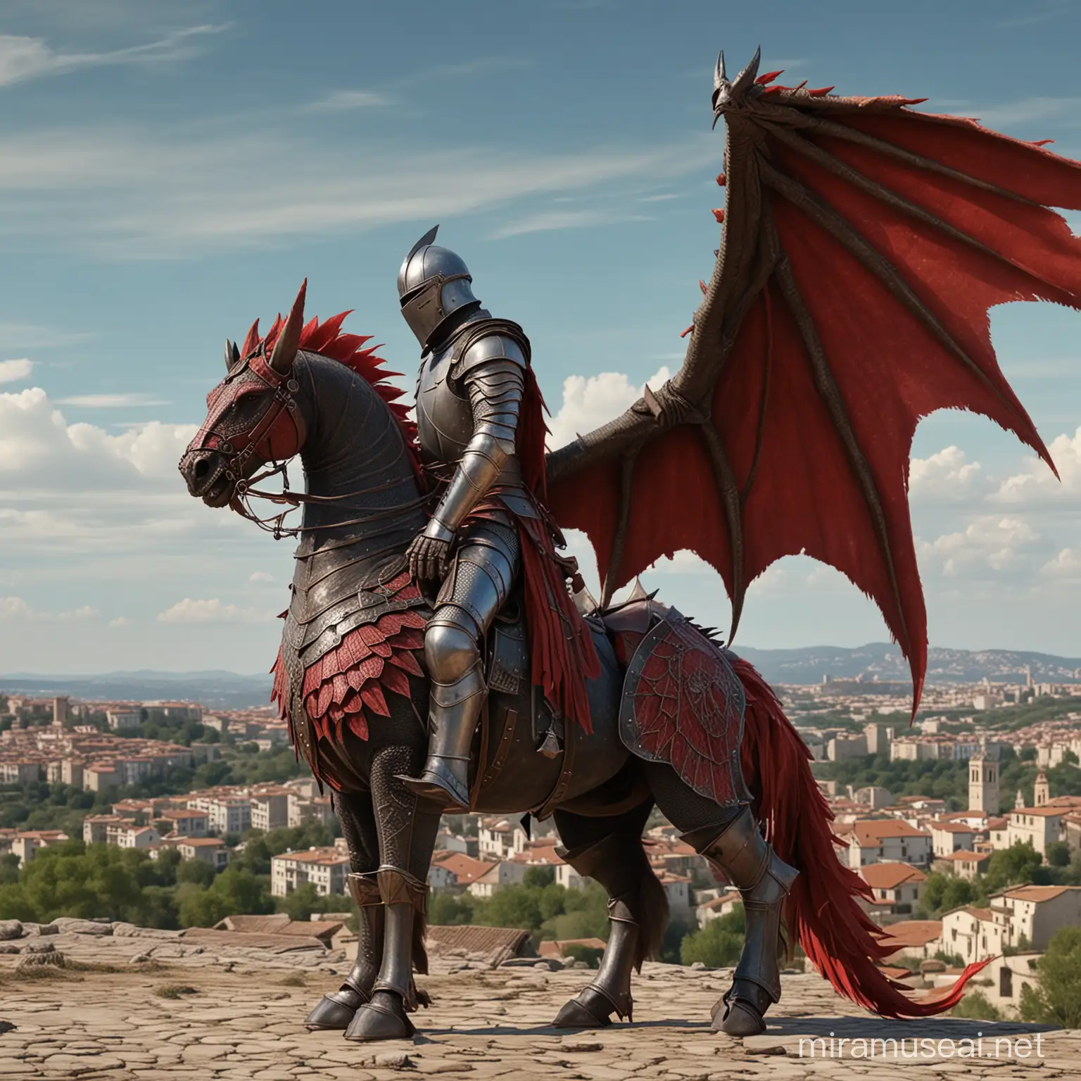 MAKE AN OLD GOTIC STYLE KNIGHT WITH RED DRAGON WINGS IN HES BACK,RETIRED IN PEACE IN HES LANDS WITH HES WORKERS THATT ARE WORKING FOR HIM IN A PLAIN IN CATALUNYA, 4K PHOTO, ULTRAREALISTIC, THE CAMERA IS IN THE SKY, MEDIAVAL ERA