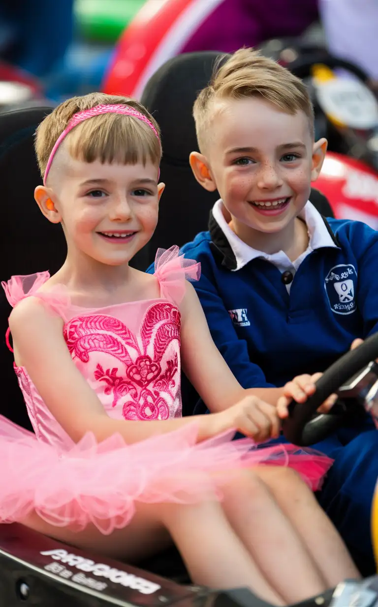 ((Gender role-reversal)), colourful Photograph a white skinned brother and sister, a cute boy with short blonde hair shaved on the sides age 8, and a cute girl with long hair in a ponytail age 9, they are in a charity go kart event, the boy is wearing a ornate pink ballerina dress with a headband, while the girl is wearing a blue rugby suit, they are sitting next to each other in the same go kart, the girl is driving, cute smiles, adorable, perfect faces, perfect faces, clear faces, perfect eyes, perfect noses, smooth skin