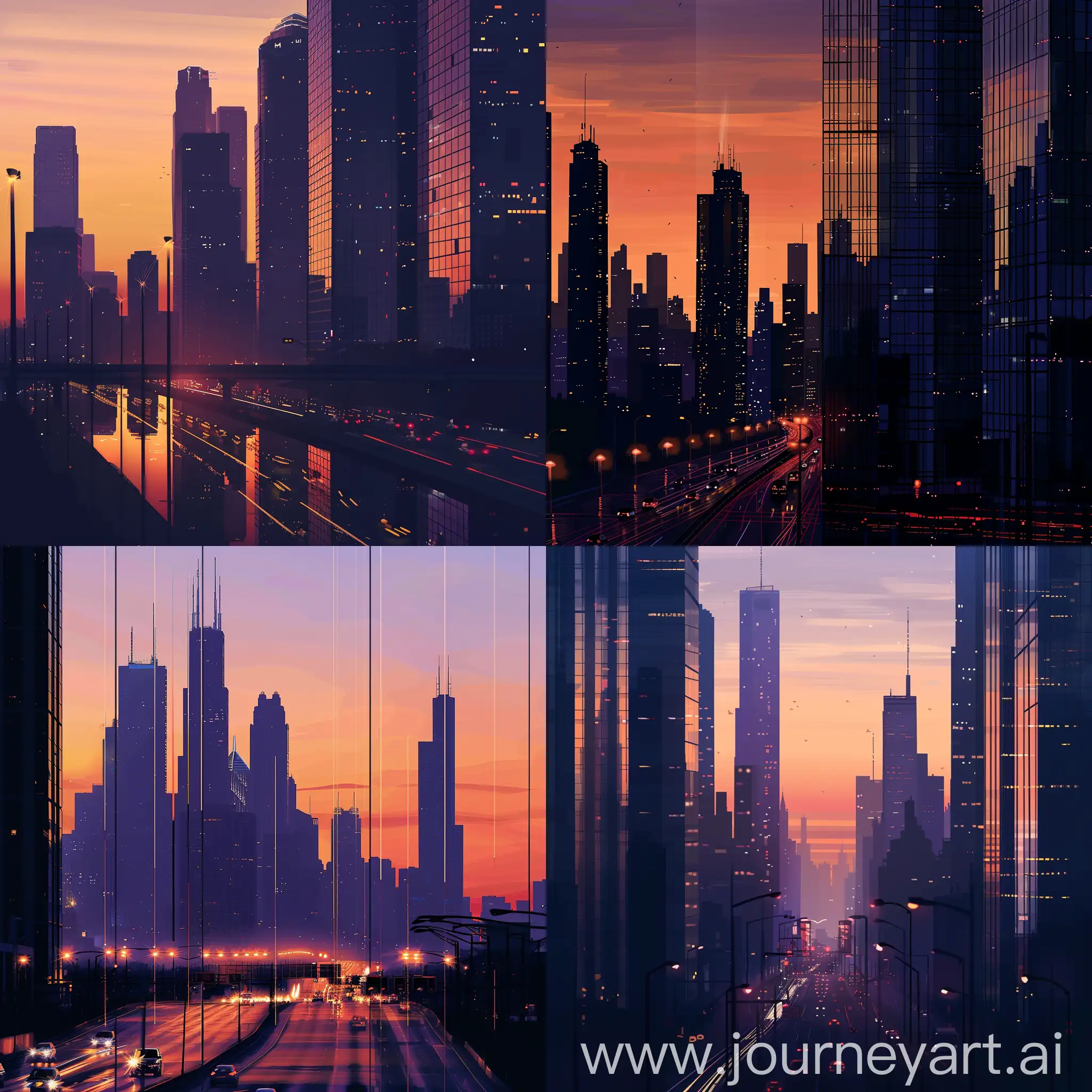 City skyline during twilight, skyscrapers silhouetted against a gradient of orange to purple hues, reflective glass facades cathing the fading light, distant cars on the freeway appearing as streaks of light, streetlamps beginning to glow, digital painting, ultra realistic, dramatic lighting