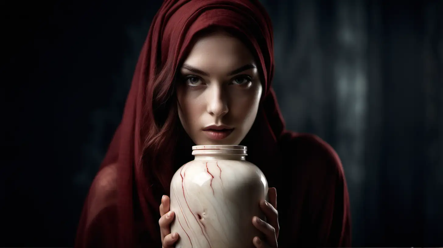 A realistic photograph of a beautiful female model wearing a dark red headscarf with flowing hair, holding ancient alabaster jar, showing emotions of mysterious, natural, fashion, editorial, waist-up portrait, set in a studio, bokeh backdrop, medium format camera, high-resolution, detailed portraiture, hyperrealistic, stunning lighting, dynamic composition, emotive expression, intense gaze, textured skin, sharp focus, attention to detail, natural beauty, authentic photograph by Anton Corbijn --ar 3:2 --v 6.0 --style raw