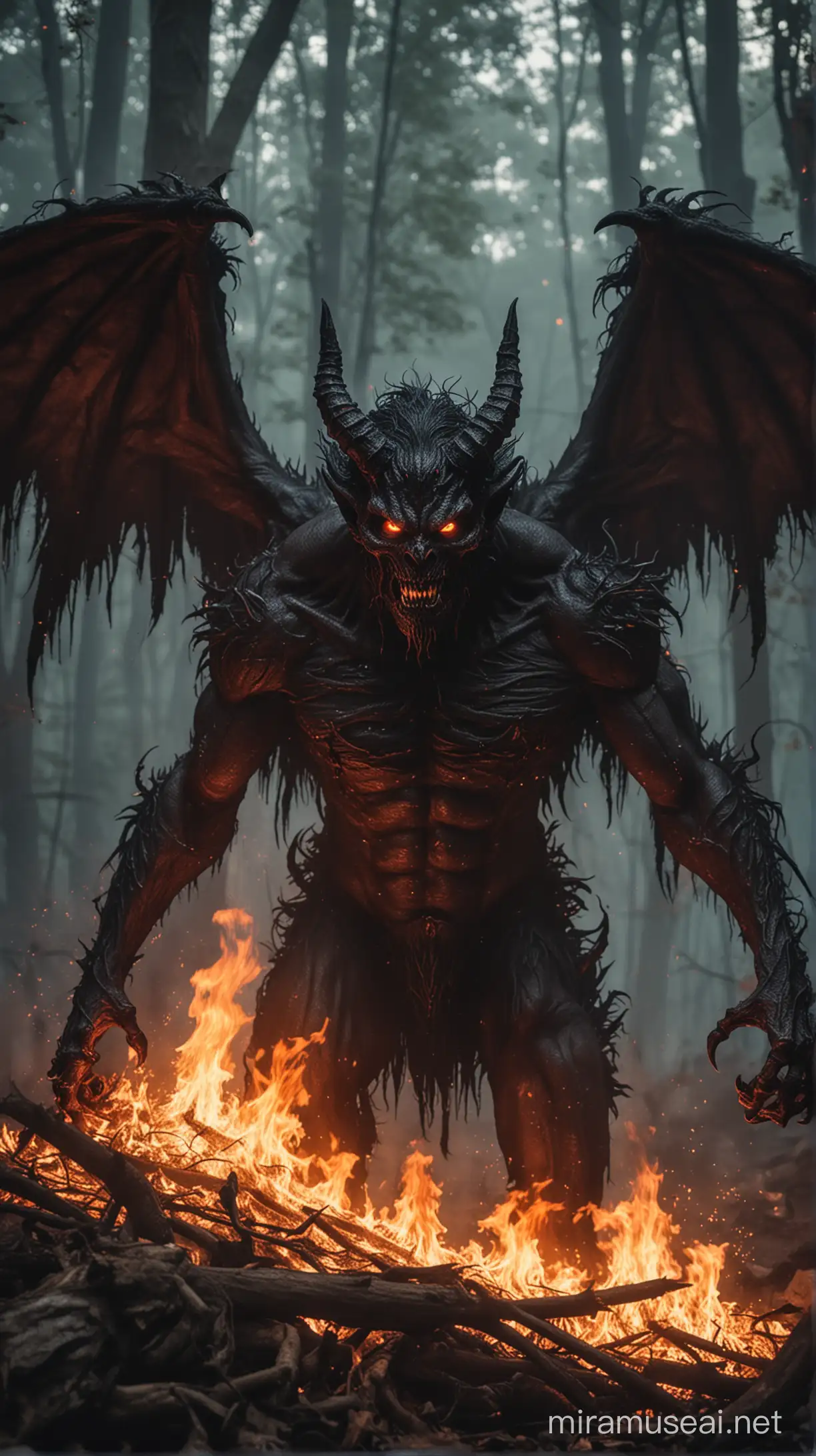 a close up of a demon with glowing eyes in the woods, satan in hell, fire demon, scary horrifying satanic rituals, conjuring a demon, demonic creature, man male demon, demon lord, one a demon - like creature, one a demon-like creature, human male demon, hell background, burning in hell, portrait of a demon, demon male, hell scape, has wings on the back,

