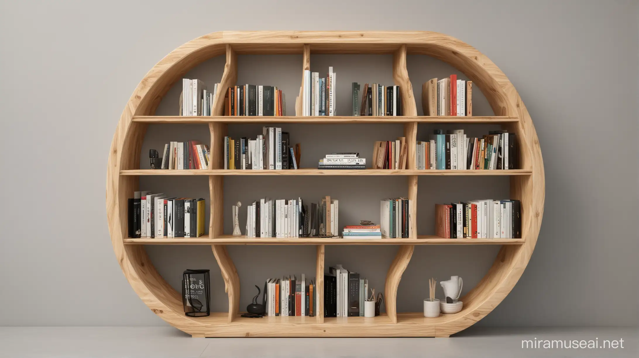 book shelf, wood,  with round corners, and different shelf board wide and height, show case, bionic design
