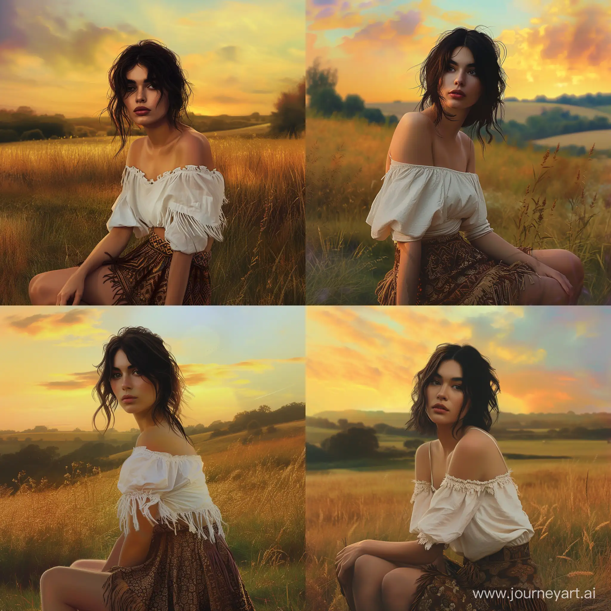 digital artwork of a young woman sitting in a field during what appears to be the golden hour, where the sun is low in the sky, casting a warm golden light across the scene. The woman is wearing a white top that appears to be fashioned in a rustic style, and a brown patterned skirt with a fringed hem. Her attire gives off a natural and earthy vibe, suggesting a setting that is either historical or fantasy-themed.

The woman has dark hair, which is somewhat tousled, and her expression seems contemplative as she looks off into the distance. Her dark eyes and the way she is slightly biting her lip add to the pensive mood of the image. She is also in a relaxed pose, with one knee up and her arms resting on her knee, which indicates a moment of rest or reflection.

The field is filled with tall grasses and the landscape behind her includes gently rolling hills with trees and possibly a small forest in the distance. The sky is painted with hues of yellow, orange, and a touch of pink, indicating a sunset. The overall atmosphere of the artwork is serene and peaceful, with a focus on the beauty of nature and the quiet moment the subject is experiencing.