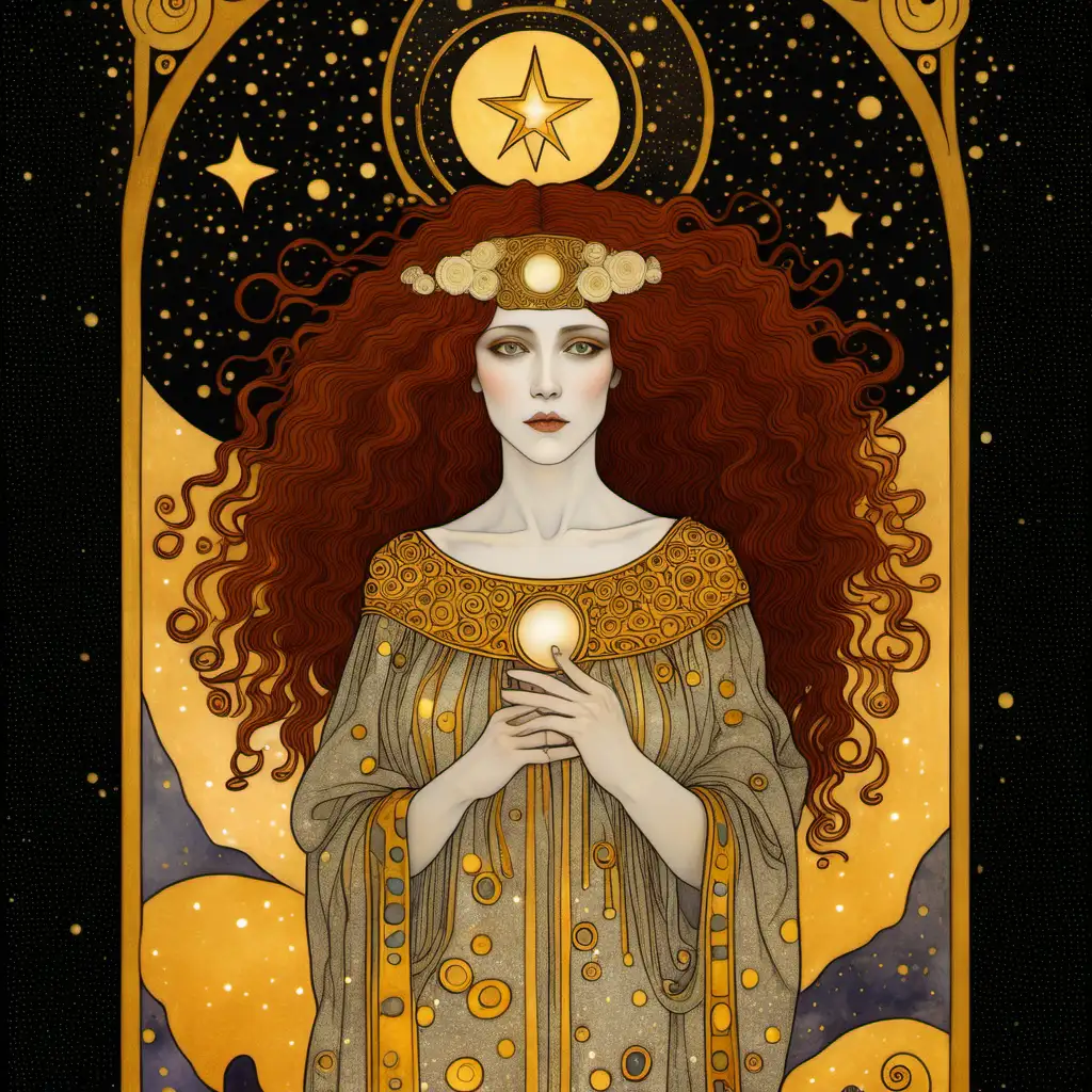 Rendition of the Rider Waite Star Tarot card drawn in the style of Gustav Klimt