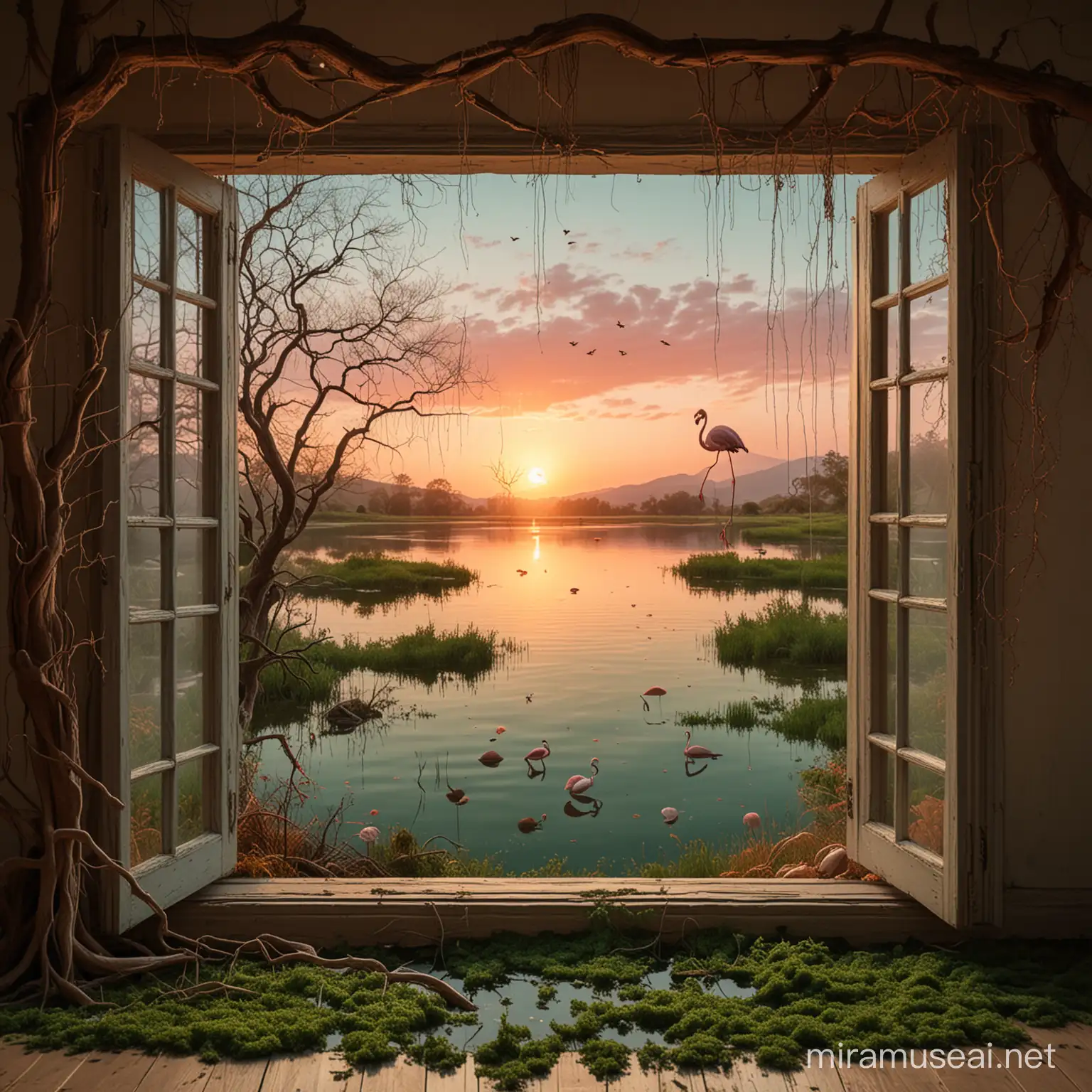 En un habitación hay una ventana de madera abierta. Por la ventana se ve un paisaje surrealista con un lago de aguas color verde. En el lago hay un flamenco con las alas y las patas en forma de tentáculos. Colgado de un árbol con las ramas secas hay un cerebro atrapado en una tela de araña. El suelo está lleno de champiñones. Hay una puesta de sol con el cielo rojizo