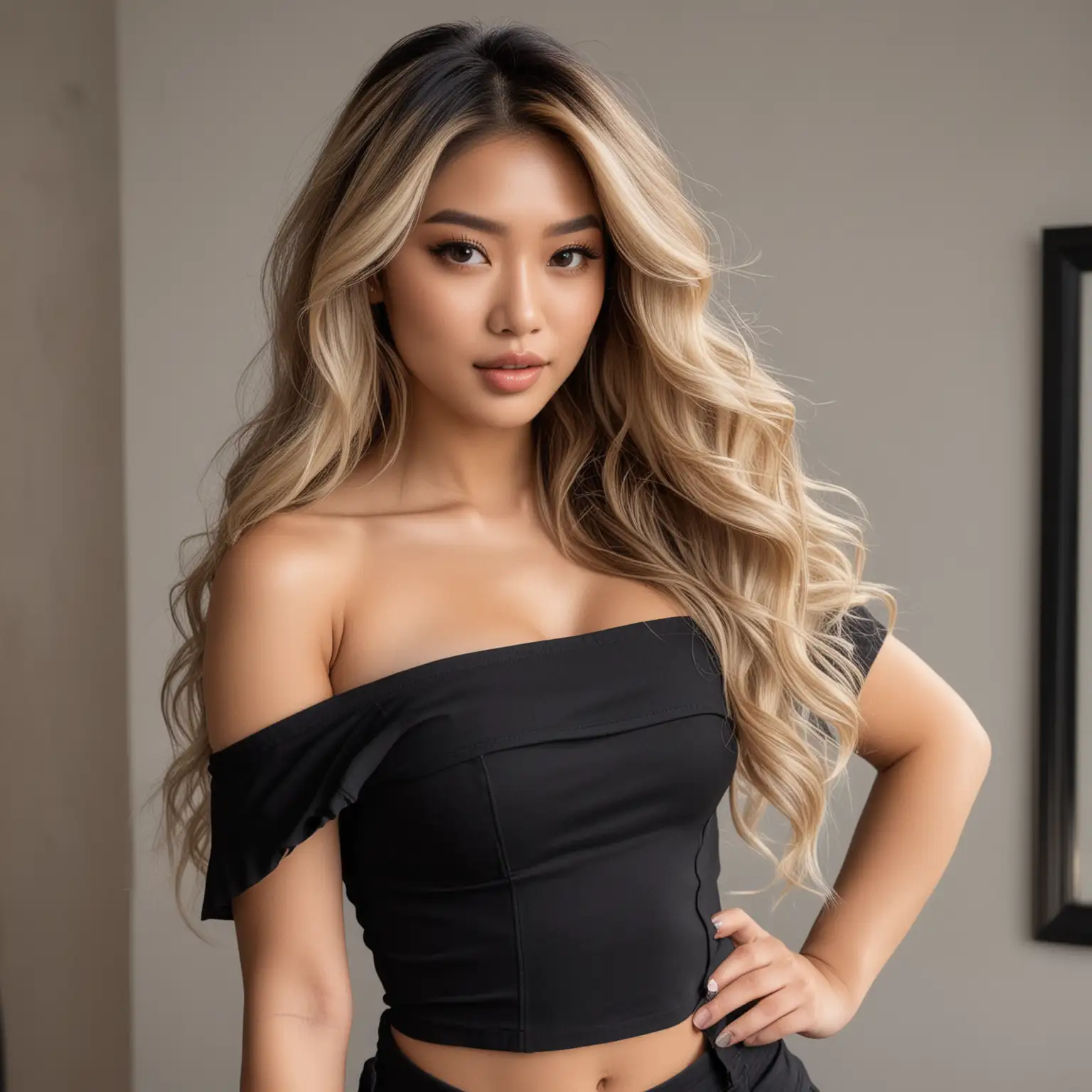 mixed asian hair model in long luscious wavy dimensional light blonde balayage hair. wearing off the shoulder black outfit. She is posing. she has heavy dark eye makeup. photo frame waist up.