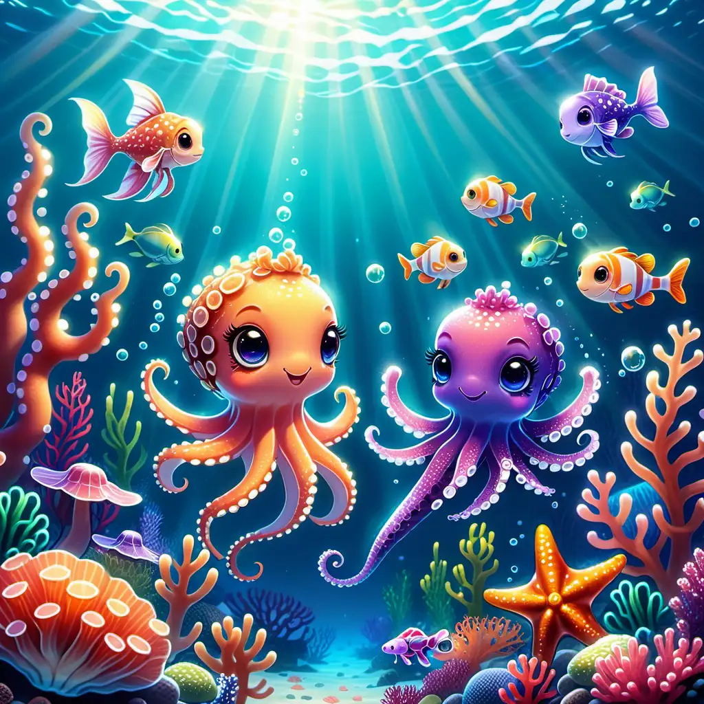 kawaii style, illustration,
In den tiefen Gewässern des Ozeans, wo das Sonnenlicht in funkelnden Strahlen auf das klare Wasser trifft, liegt ein wunderschönes Korallenriff. Angeführt von Finn, einem neugierigen kleinen Fisch, Stella der Seestern, Oskar der Oktopus und Hannah das Seepferdchen dabei.