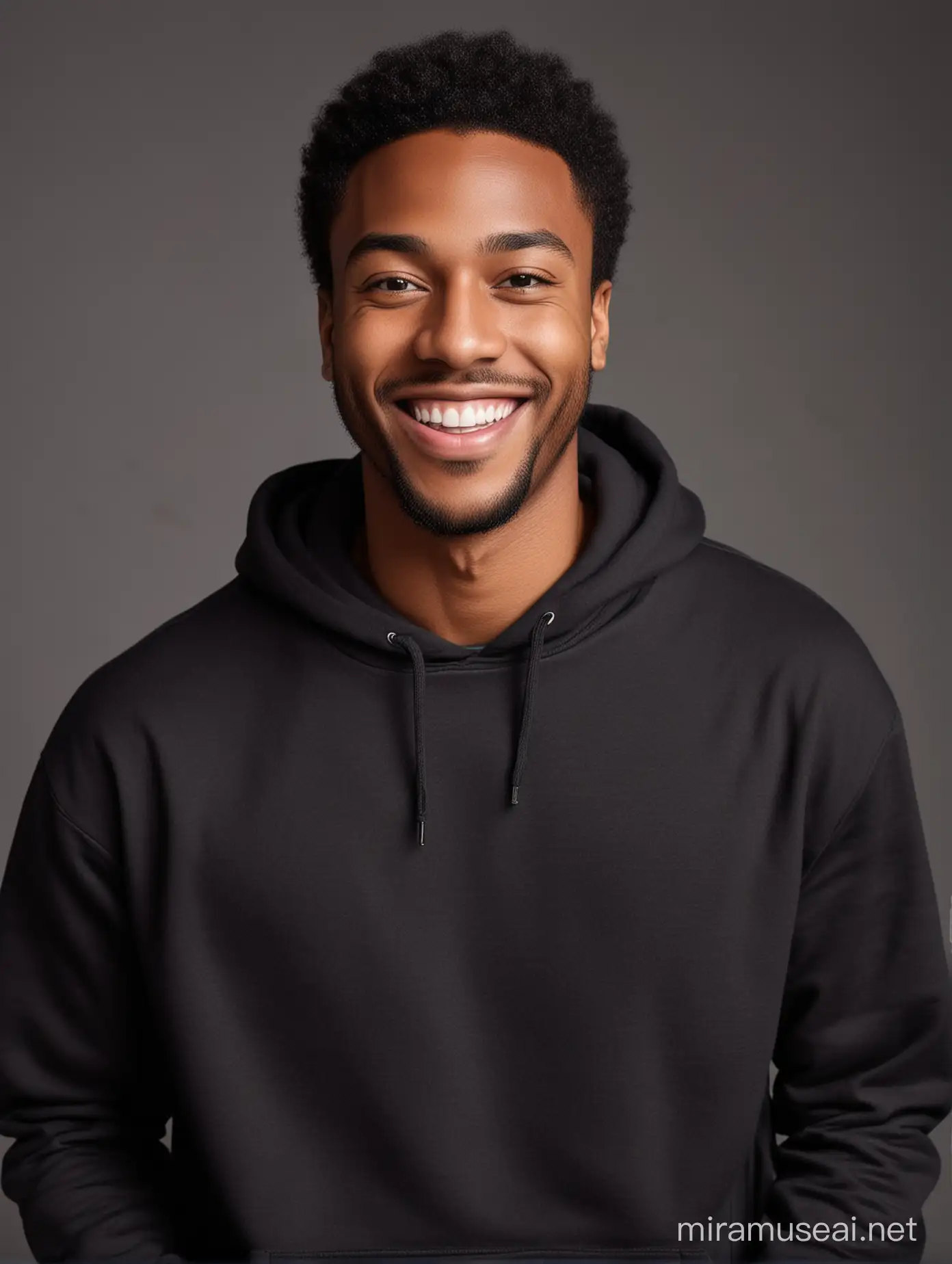 Ultra Cheerful black guy , smiling to camera , putting on a black sweatshirt , facing camera