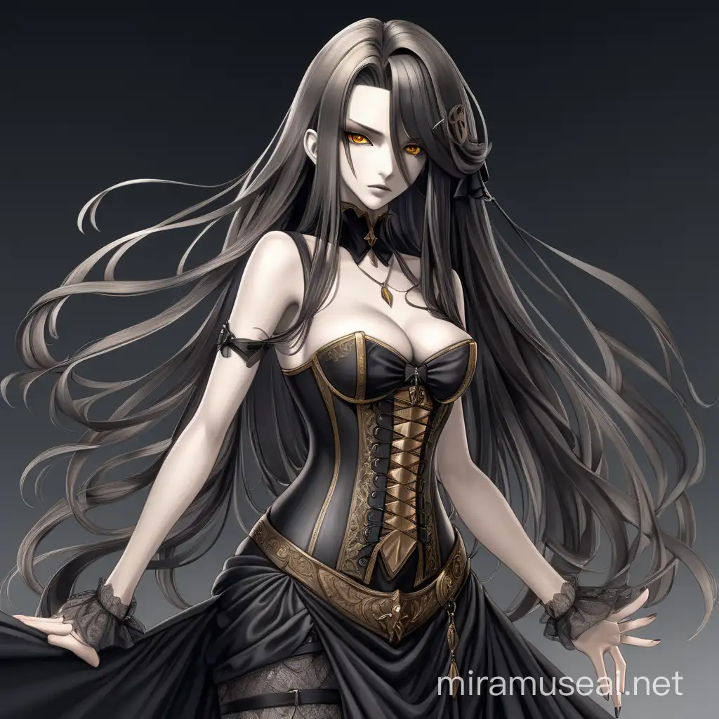 High detailed, Noble Lady, Frightening Appearance, Anime Style, Manga Style, Drawing, Attractive Girl, Black, Long Hair, Golden Eyes, Villainous Look, Tall stature, Ashen Skin, Darker Tone, Elegance, Revealing Dress, Corset, Full Body, Manson on the background.,Character sheet, clothes sheet,