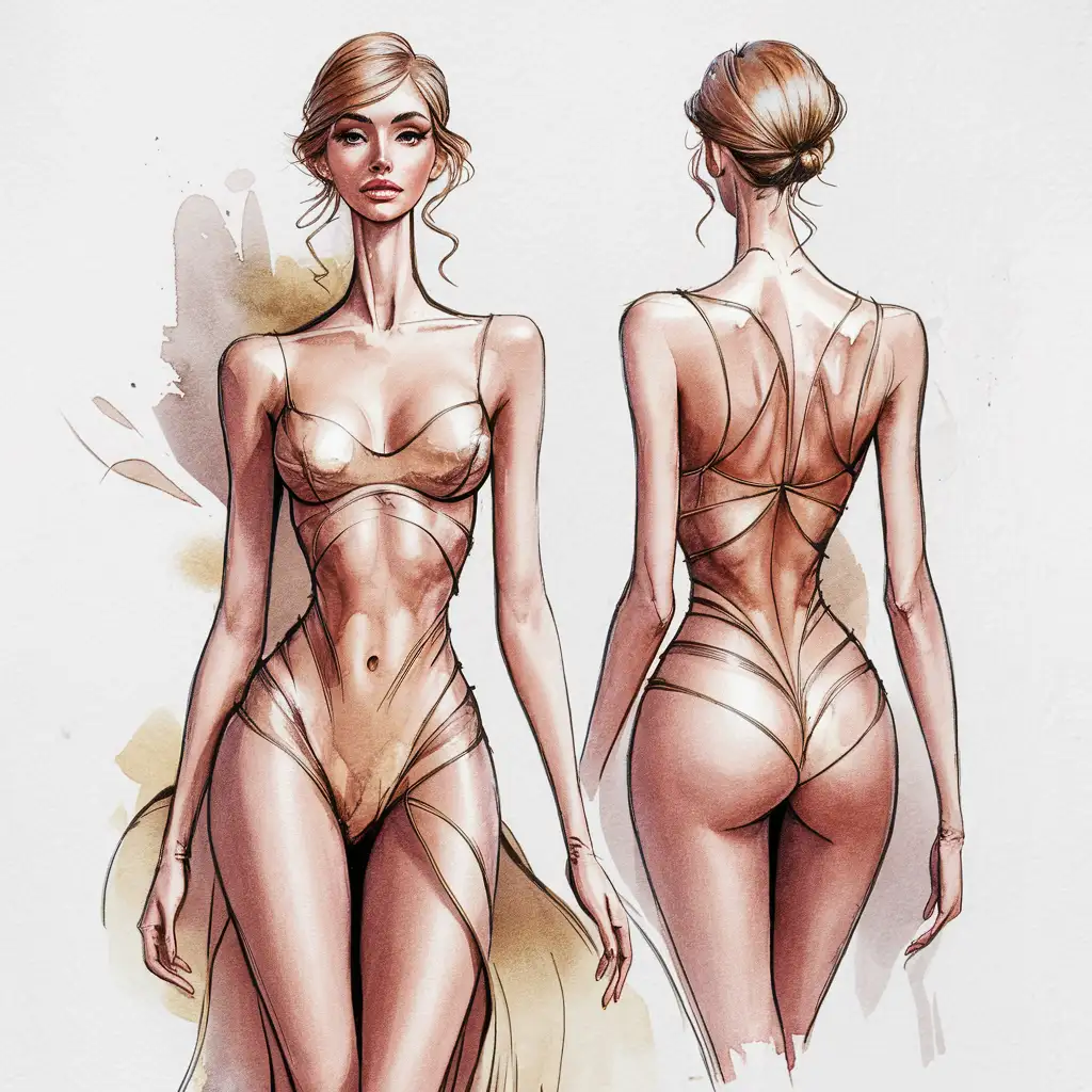 HandDrawn Female Fashion Illustration Full Body Watercolor Rendering Front and Back