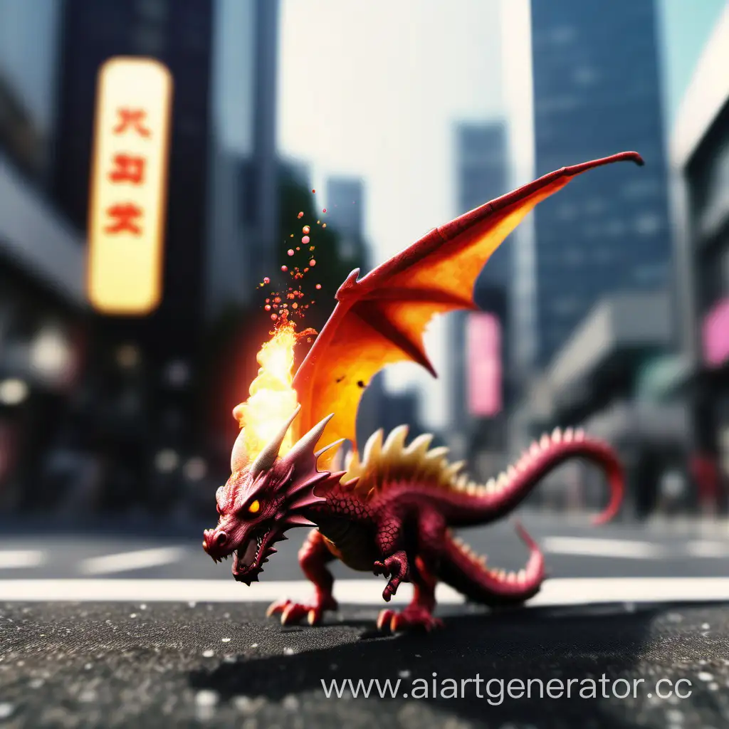 digital photo of a small dirty  miniature fire dragon with shock cone and bubblegum, flying down town tokyo, long side shot with high detail, 8 k, unreal engine 5, 4 k uhd