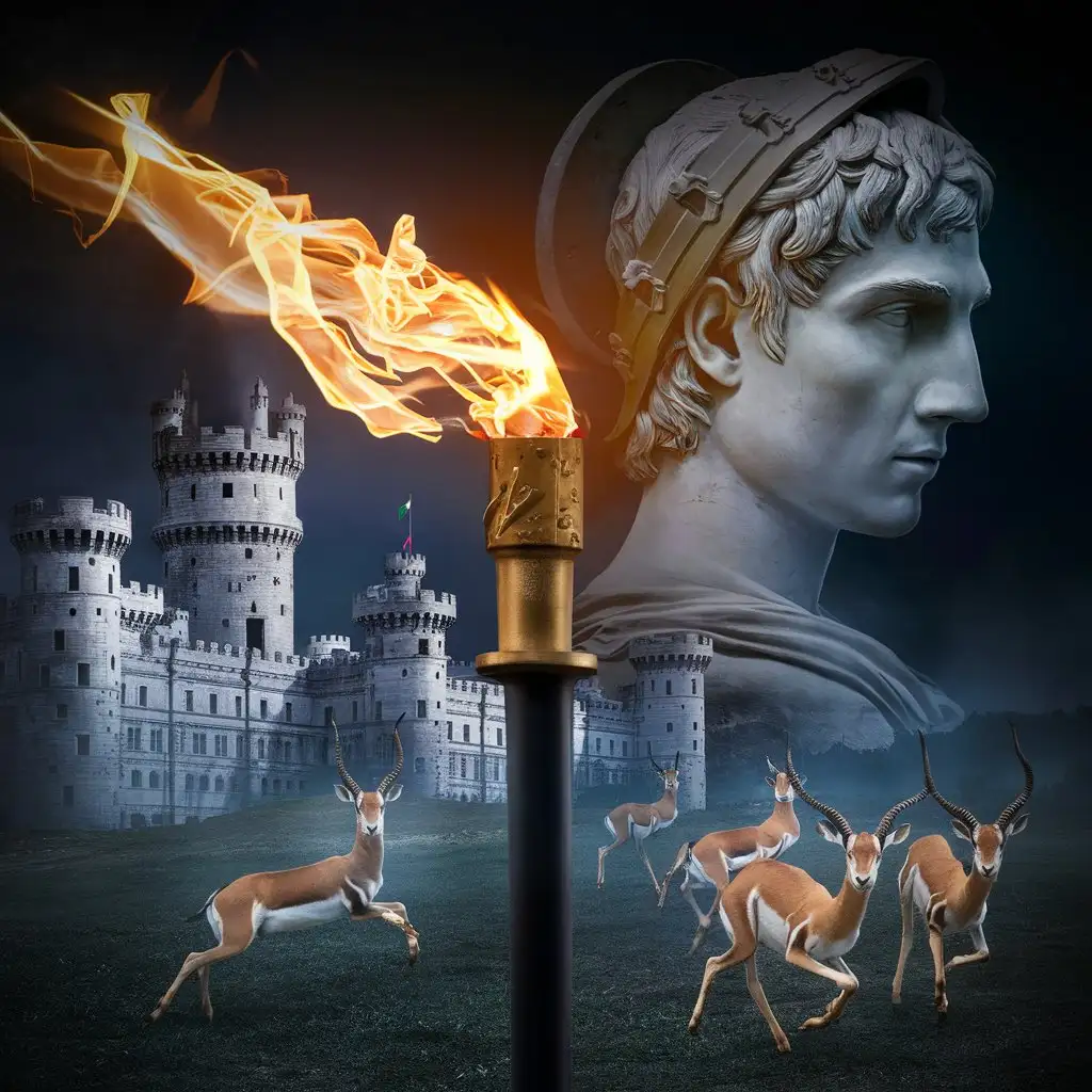  Imagine an image  A single image combining a torch in the castles of our ancestors, a Roman profile of a beloved person, and gazelles representing future dividends
