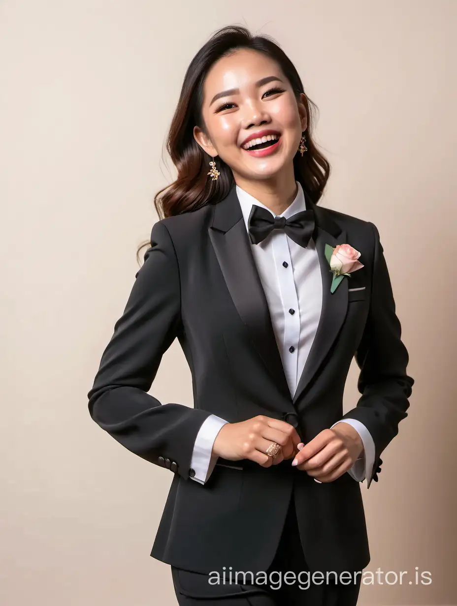 Beautiful smiing and laughing Vietnamese woman wearing a tuxedo.  Her jacket is open.  She has cufflinks.  She is wearing lipstick.  Her jacket has a corsage.