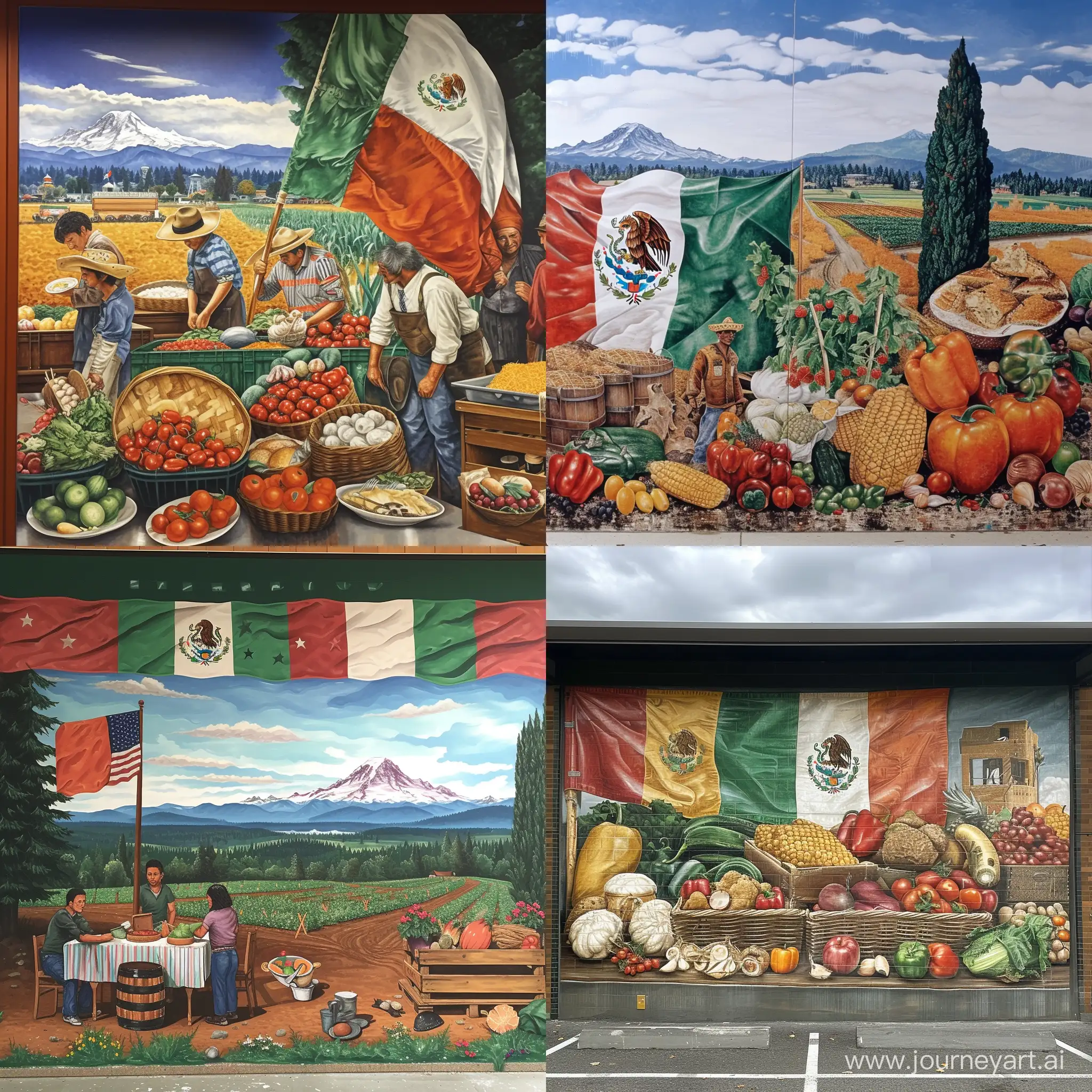 Make a mural on mexican immigrants in washington. Include the mexican flag, the washington state flag, how they have helped washington's agriculture economy, their cultural elements and food.