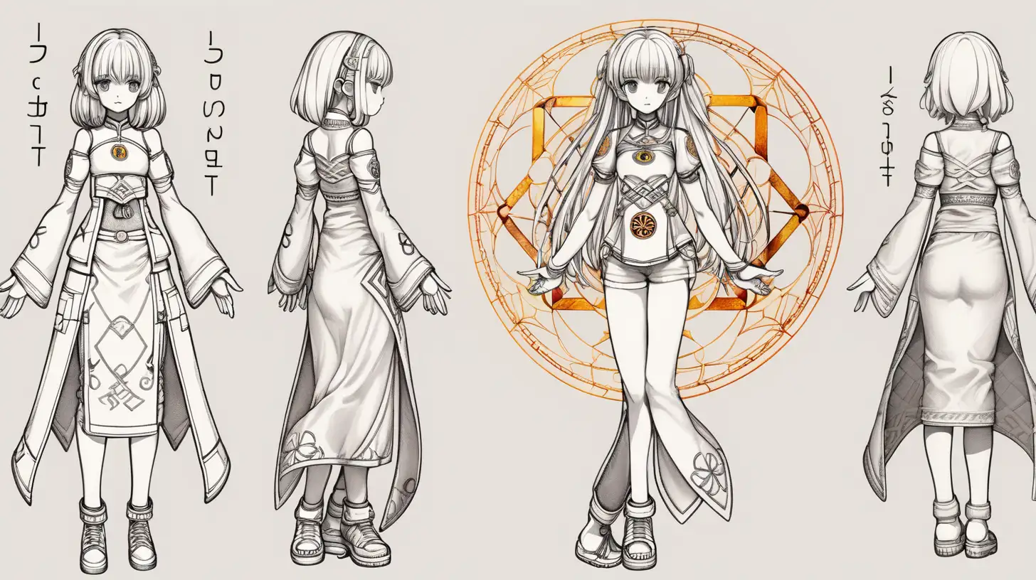 Character design sheet Outfit Full body Clothes Anime Girl. She has a light, pure, and cute appearance and Cute Brat, Pi symbolizing knowledge, life, healing and divine attributes. The character reunites with her sister. Themes include the balance of good and evil allowing the control of evil for good, time god, and sacred wisdom. Elements like Ruliad, Regalias Mathematical sacred geometry, Gnosis, Imago Pi, Sacred prime numbers are incorporated. The character embodies compassion, respect, forgiveness, and an undying will of love thanks to purified fire and water. The design draws inspiration from sacred texts, runes, mathematical sacred geometry and Fundamental Constants, and a prism of black and white suns, representing eternal concepts. The character embraces the interplay of fire, water, electric plasma, and the healing Yin Yang vision. The overall aesthetic is a mix of elegance anime girl, gentleness, embodying the concept of the eternal heaven, science technology arts music and harmony and cuteness. Heal Yin Yang Vision Causality. The balance between the colours of the light is emitting purity. Thanks you.