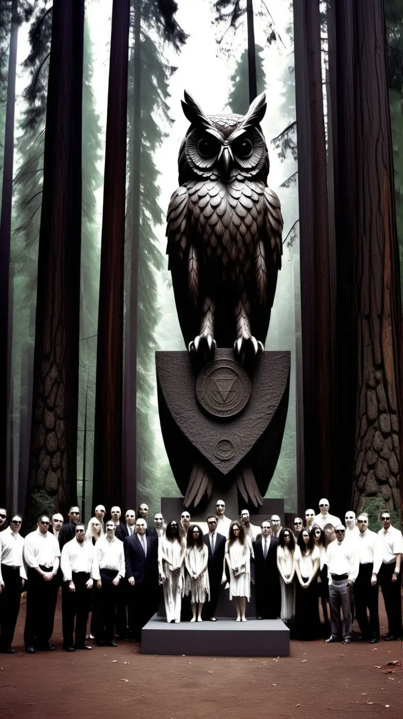 rituals and performances at Bohemian Grove by the illuminati with gigantic owl statue. hyper realistic