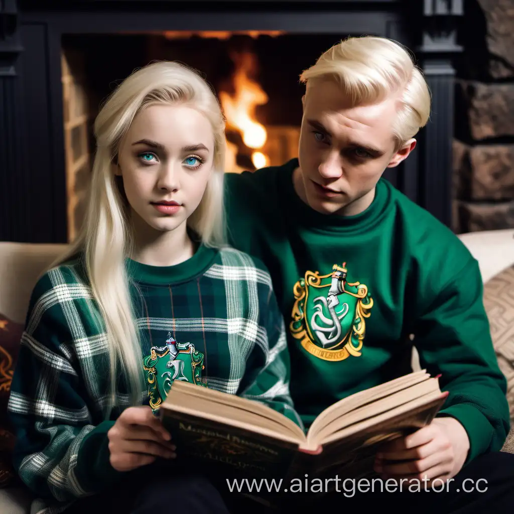 a young beautiful attractive girl with blue eyes. with blonde hair wrapped in a plaid, she is sitting by the fireplace in the living room of Slytherin reading a book, next to her on the sofa sits a young handsome Draco Malfoy in a sweatshirt, head on her shoulder