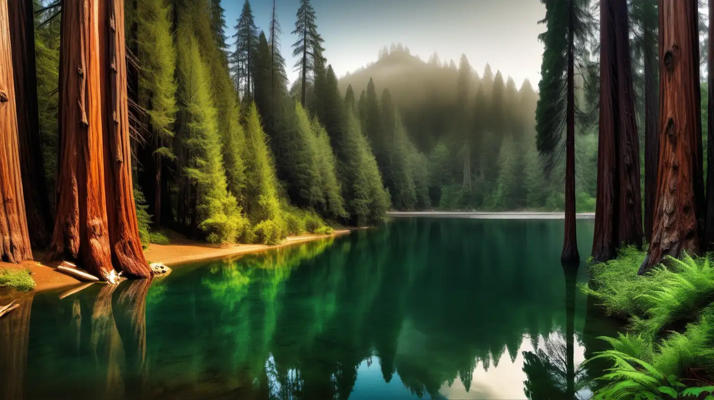 Serene Redwood Forest Landscape with Lake and Majestic Mountains