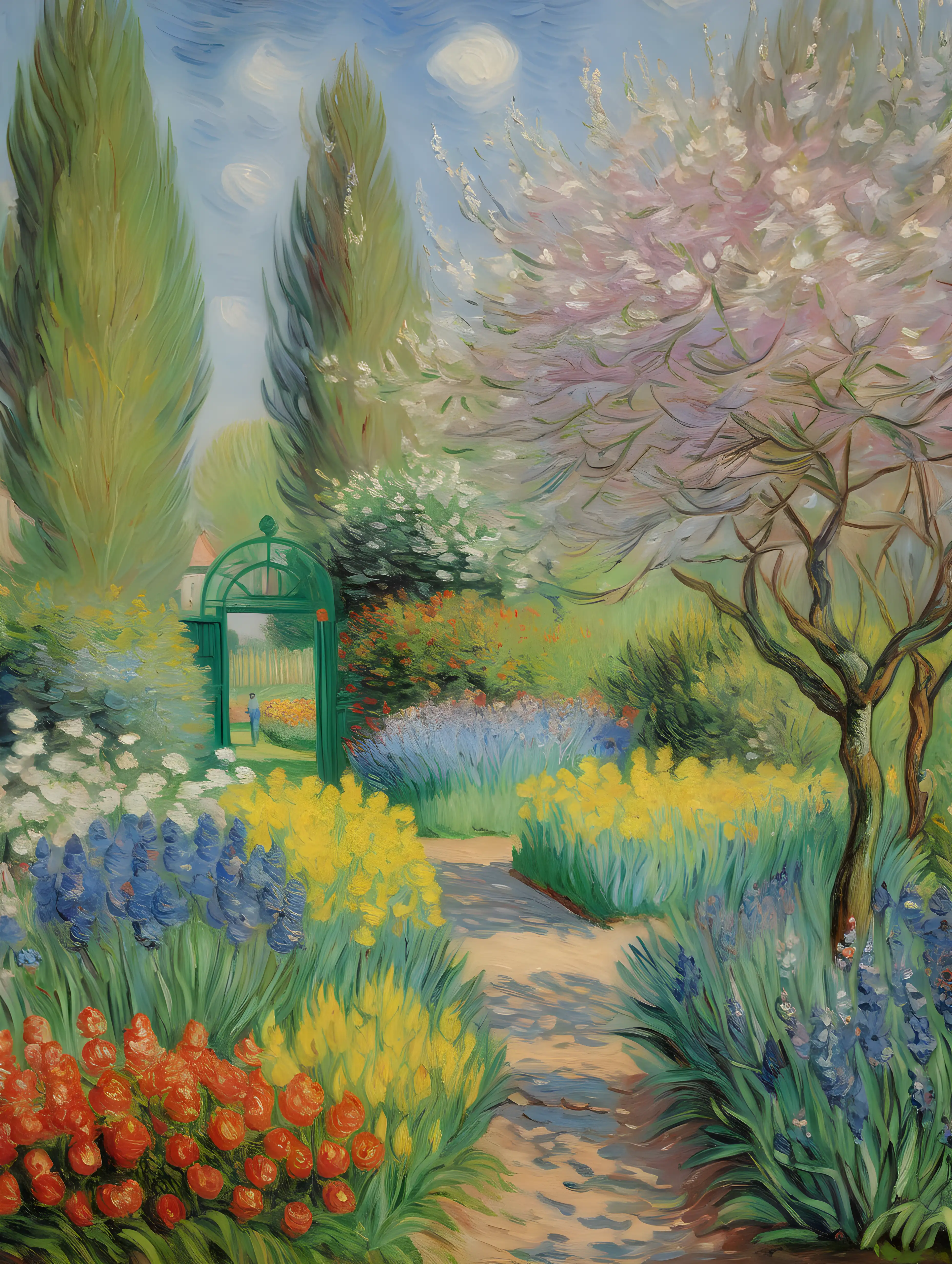 Monet, van gogh, oil painting with fine details, European garden in spring, bright colours, depth of field, --ar 3:4 --s 100 --q 2