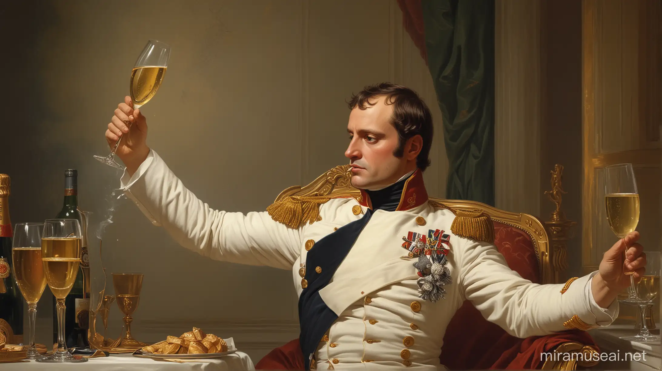 Napoleon Bonaparte elegantly sips Champagne wine while celebrating a victorious campaign, exuding confidence and triumph,

Rendered in a classical painting style reminiscent of neoclassicism, capturing the grandeur of the Napoleonic era. Draw inspiration from Jacques-Louis David's historical paintings for composition and mood,

Illuminate the scene with soft, golden lighting to enhance the luxurious ambiance. Use a palette of rich, regal colors to convey the opulence of the moment. Frame the composition with a subtle vignette to draw focus to Napoleon's commanding presence.
