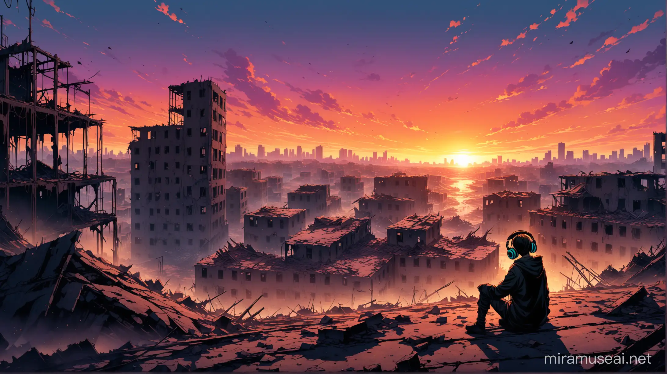 A young, slender character wearing a black hooded cloak sits on the edge of a dirty, partially destroyed building, immersed in the music echoing from his headphones. In the background, a large ruined city stretches out, with various rubble and destroyed buildings, where nature slowly begins to infiltrate the abandoned structures. In the background, a sunset painting the sky in vivid tones, seen from a 45-degree camera perspective, capturing the entire scene of post-apocalyptic desolation with vibrant colors and high contrast.