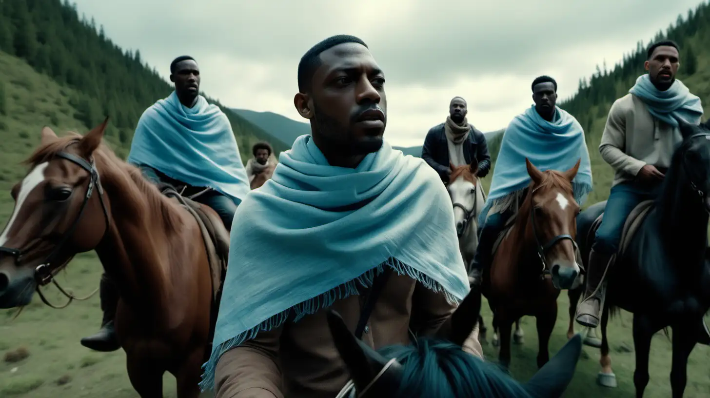 a cinematic scene using a sony a1 8k camera: a wide angel cinematic scene of a mixed black man on a horse in the wilderness with other men on horses with light blue headscarfs on