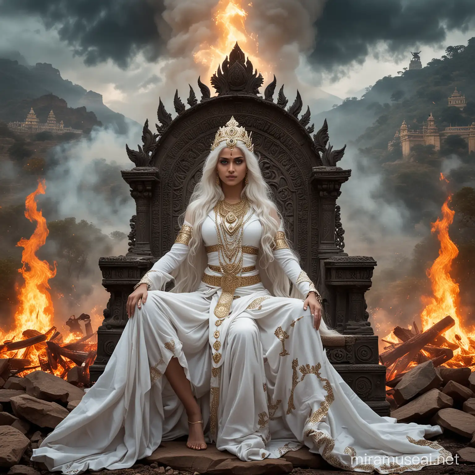 Diosa emperatriz hindu joven de cabellos blancos largos y ojos azules vestida de diosa emperatriz hindu en combate sentada en un trono majestuoso rodeada de fuego y de diosas hindus demoníacas y de fondo un valle tenebroso y un palacio hindu tenebroso y la palabra kayashiel emperatriz escrita con letras de fuego 