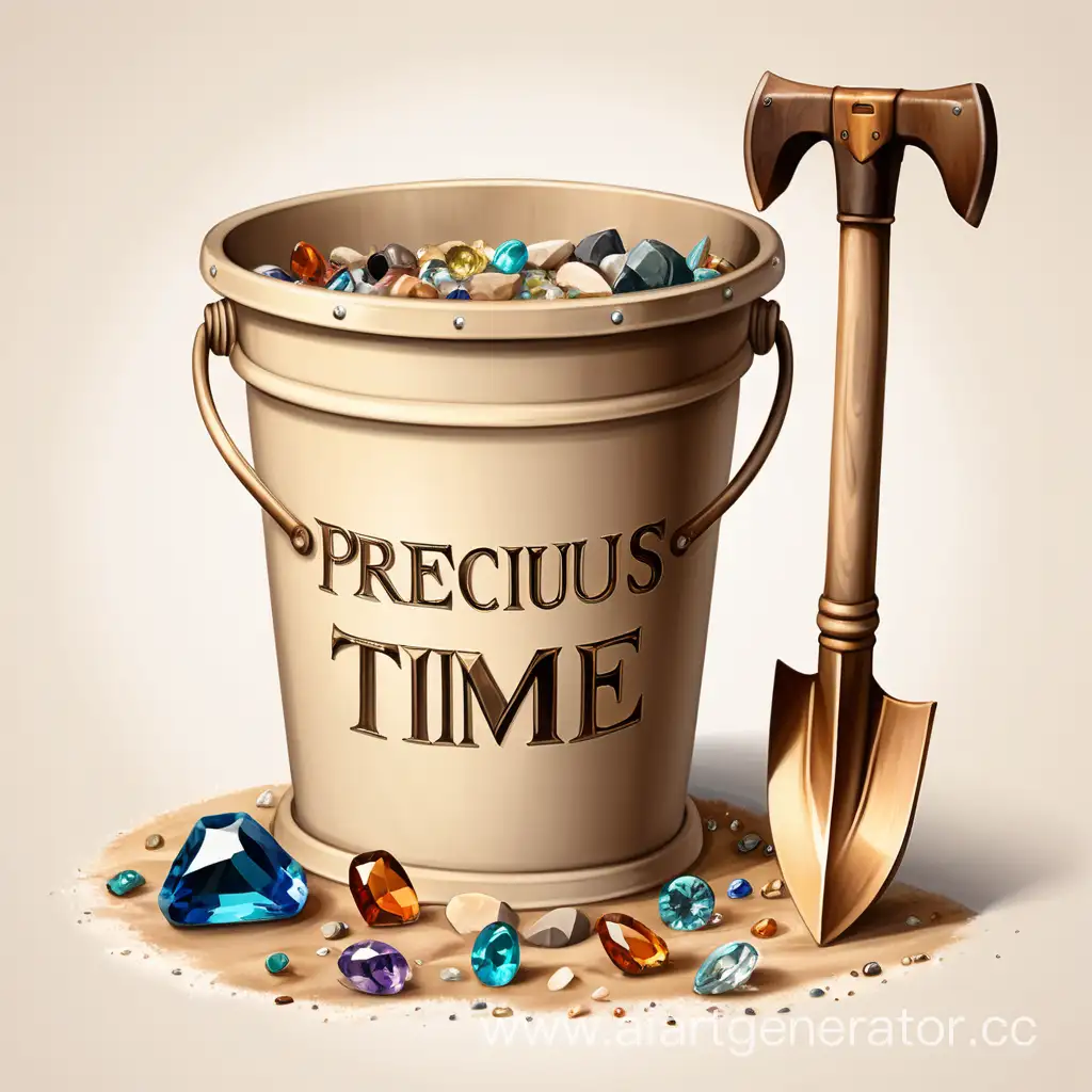 лопата, кирка, ведро с драгоценными камнями, надпись: precious time, разборчивые буквы нежно бежевый цвет.