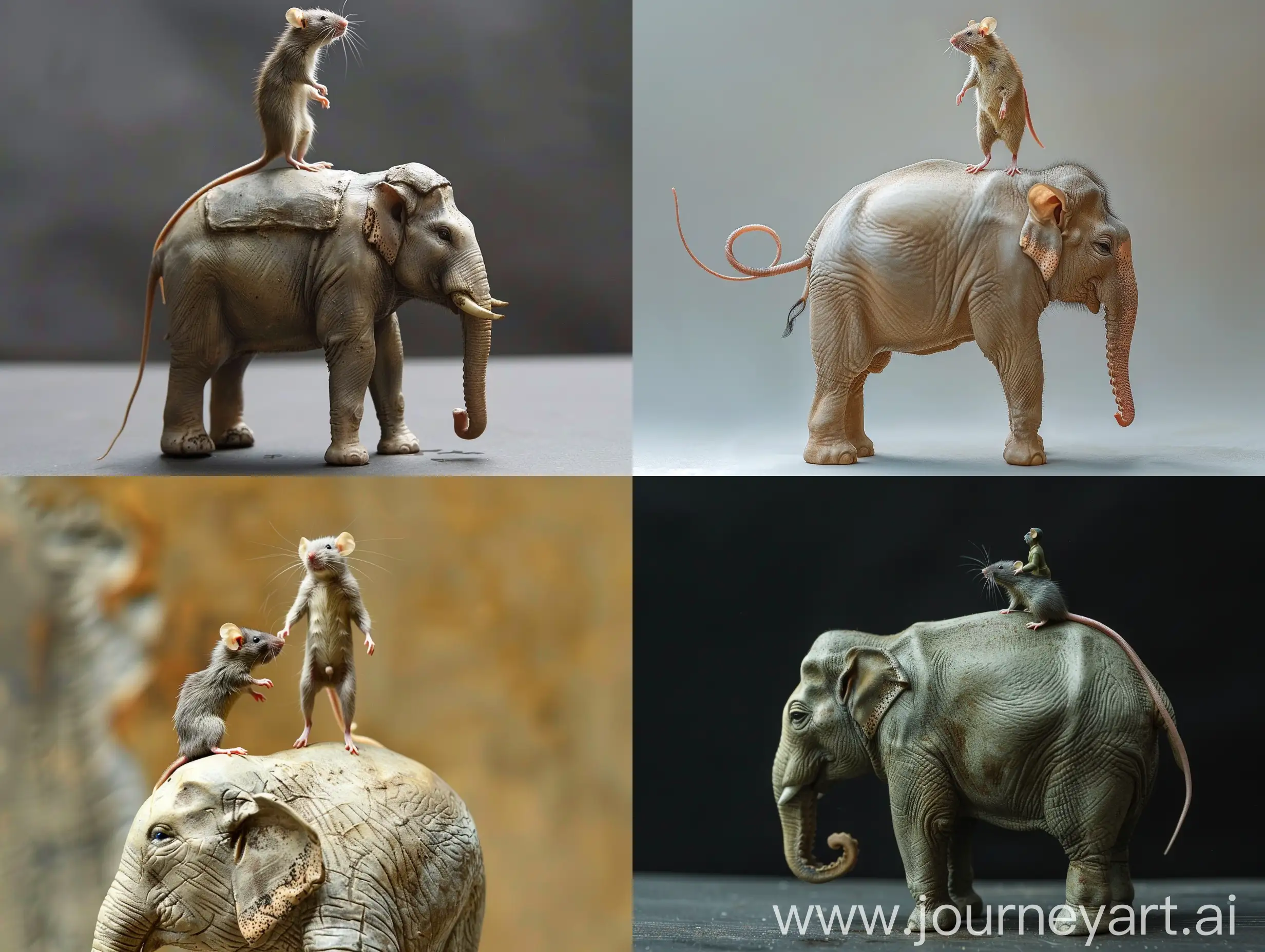 make realistic image of a rat man standing on elephant

