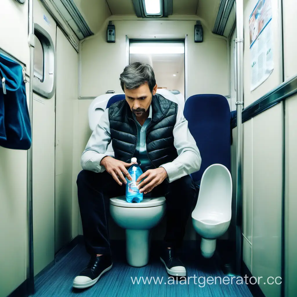 Мужик сидит на туалете в поезде с минералкой в руках