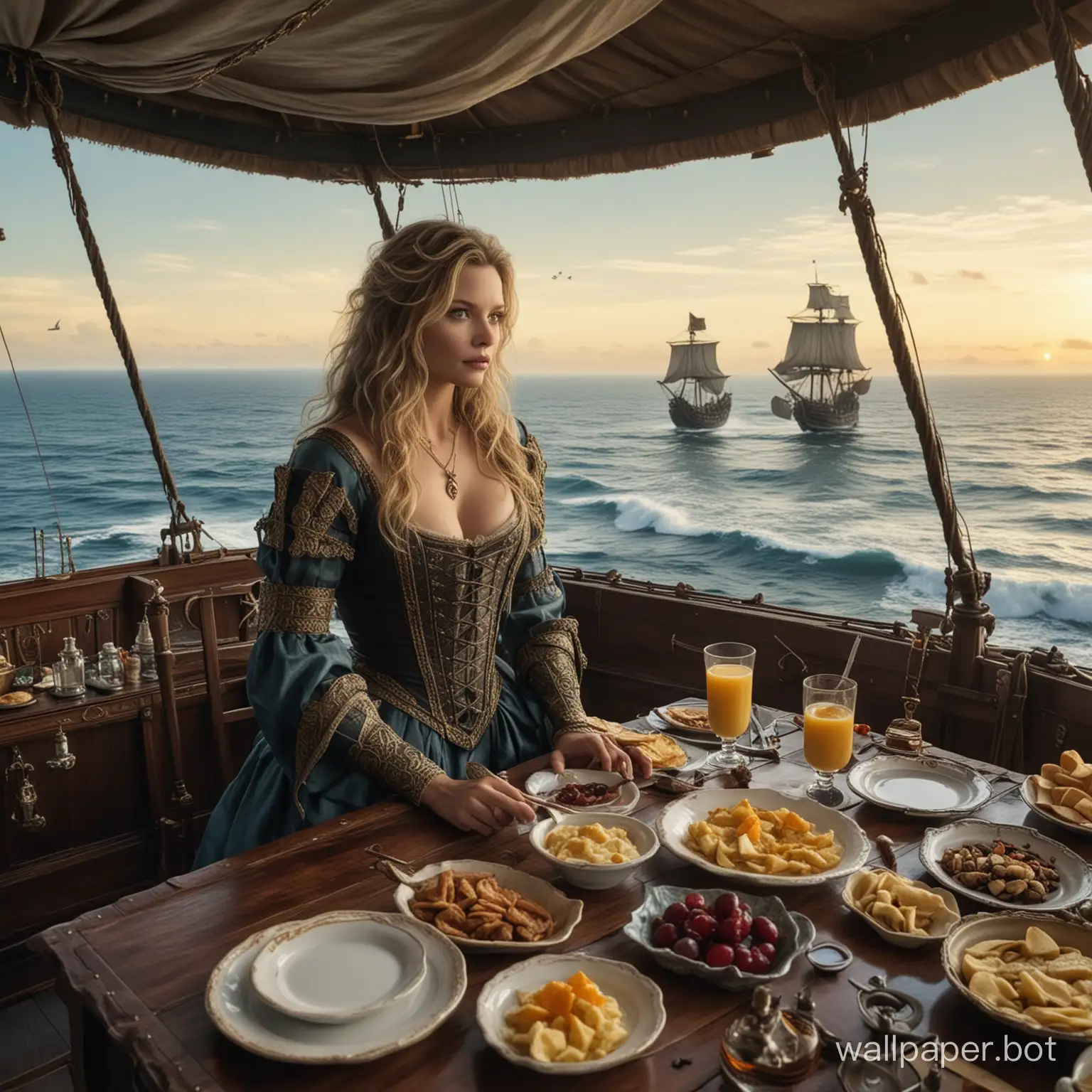 View from the upper deck of a fantasy airship. Below is an endless ocean with medieval sailing ships. Young Michelle Pfeiffer, dressed in a fantasy erotic costume of a fantasy warrior with a deep neckline, is having breakfast at the table.