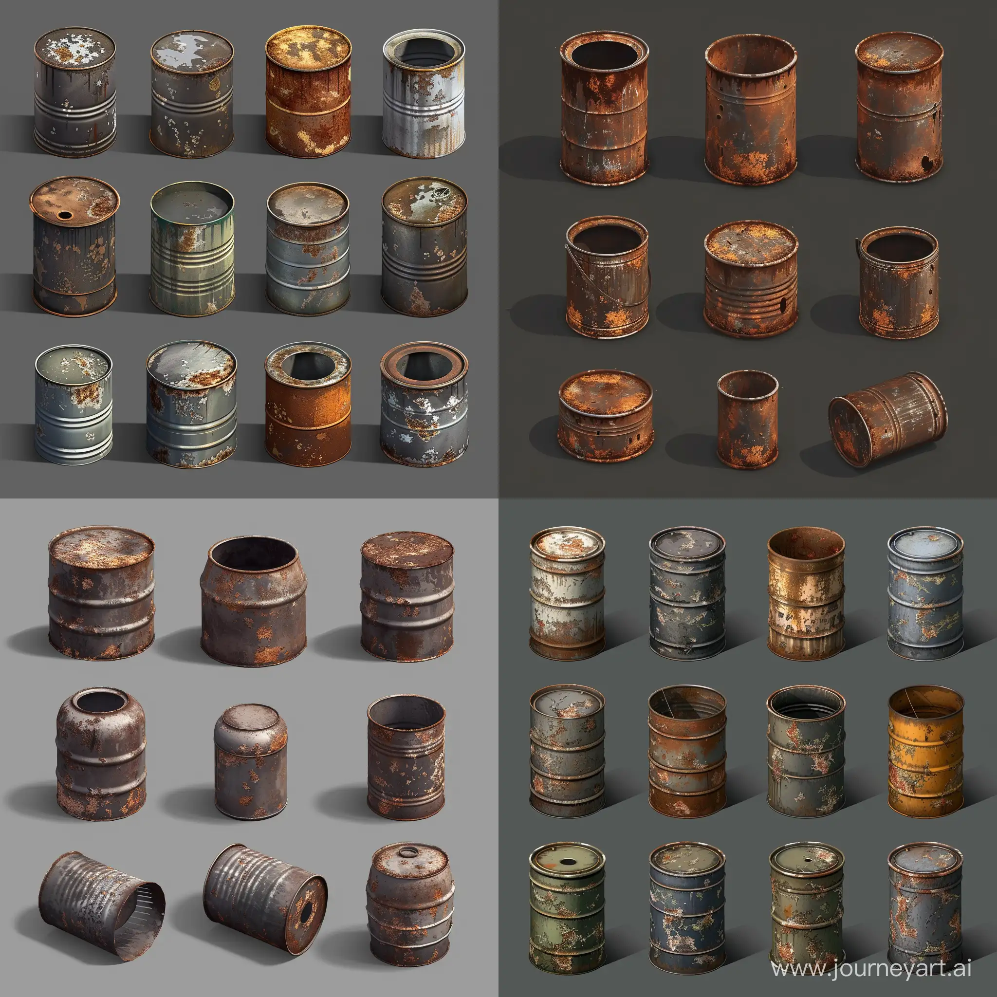 isometric trash metal jar paint can rusty set, 3d render, stalker style