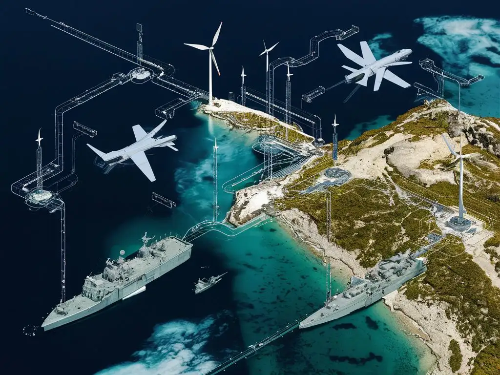 satelite image of greece with a holistic coastal survailance and communications system with 2 naval units, 2 fighter jets and 2 drones. The system is based on modern energy infrastructure comprising wind turbines and solar/battery systems equipped with cameras and advanced telecommunications
